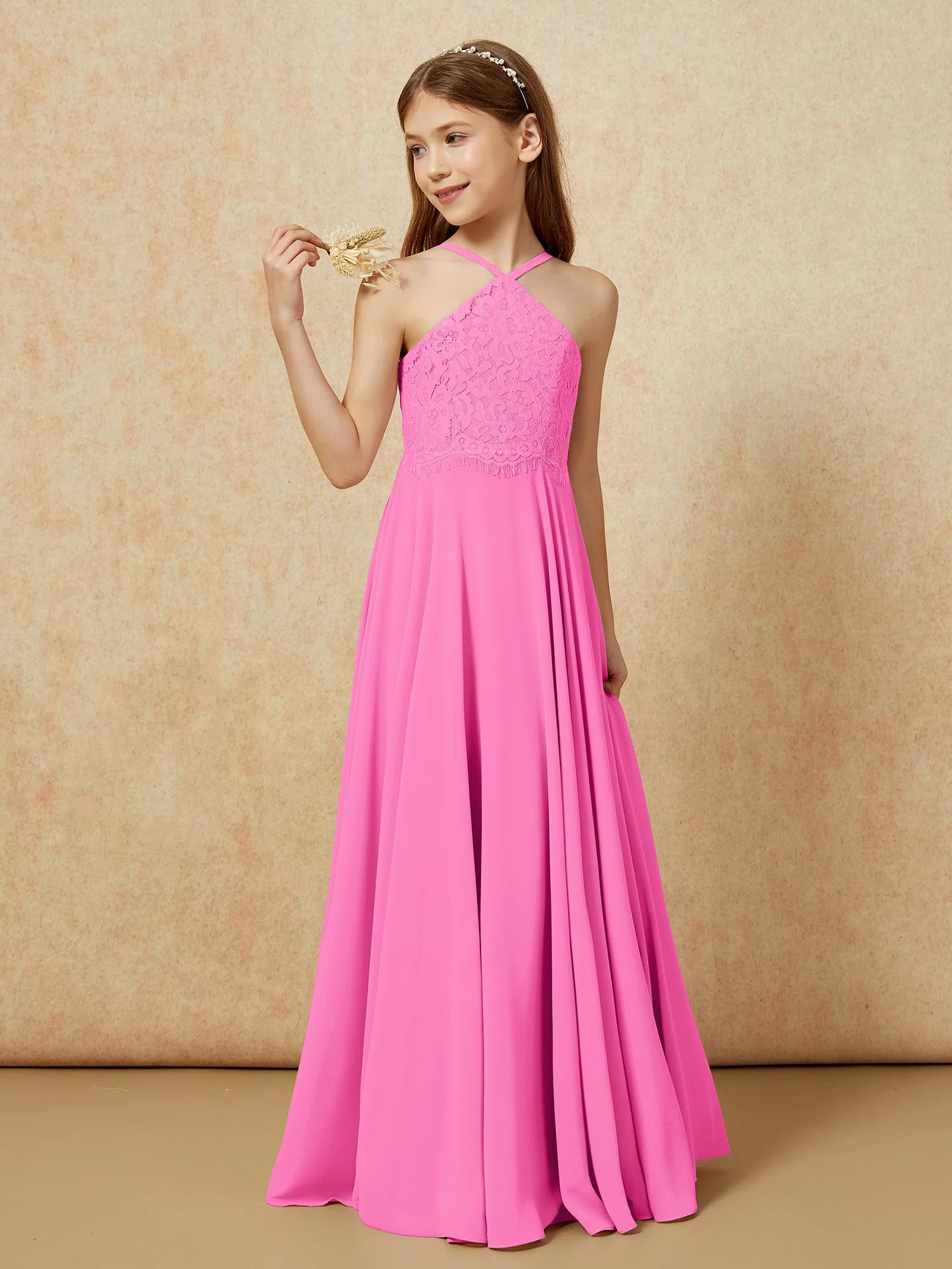 Halshalter Spitzen Oberteil Lang Chiffon Junge Brautjungfernkleider Azalee - Image 3