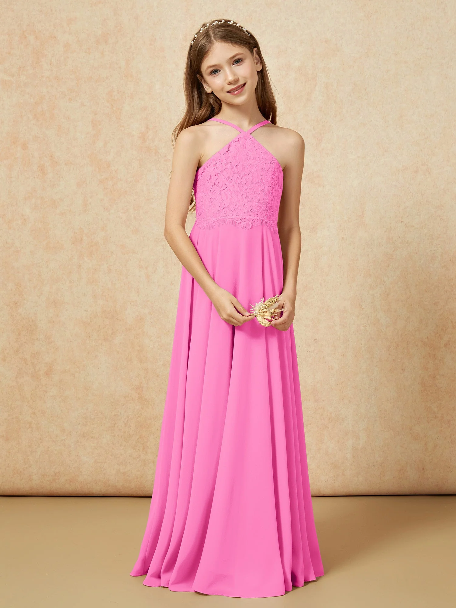 Halshalter Spitzen Oberteil Lang Chiffon Junge Brautjungfernkleider Azalee - Image 5