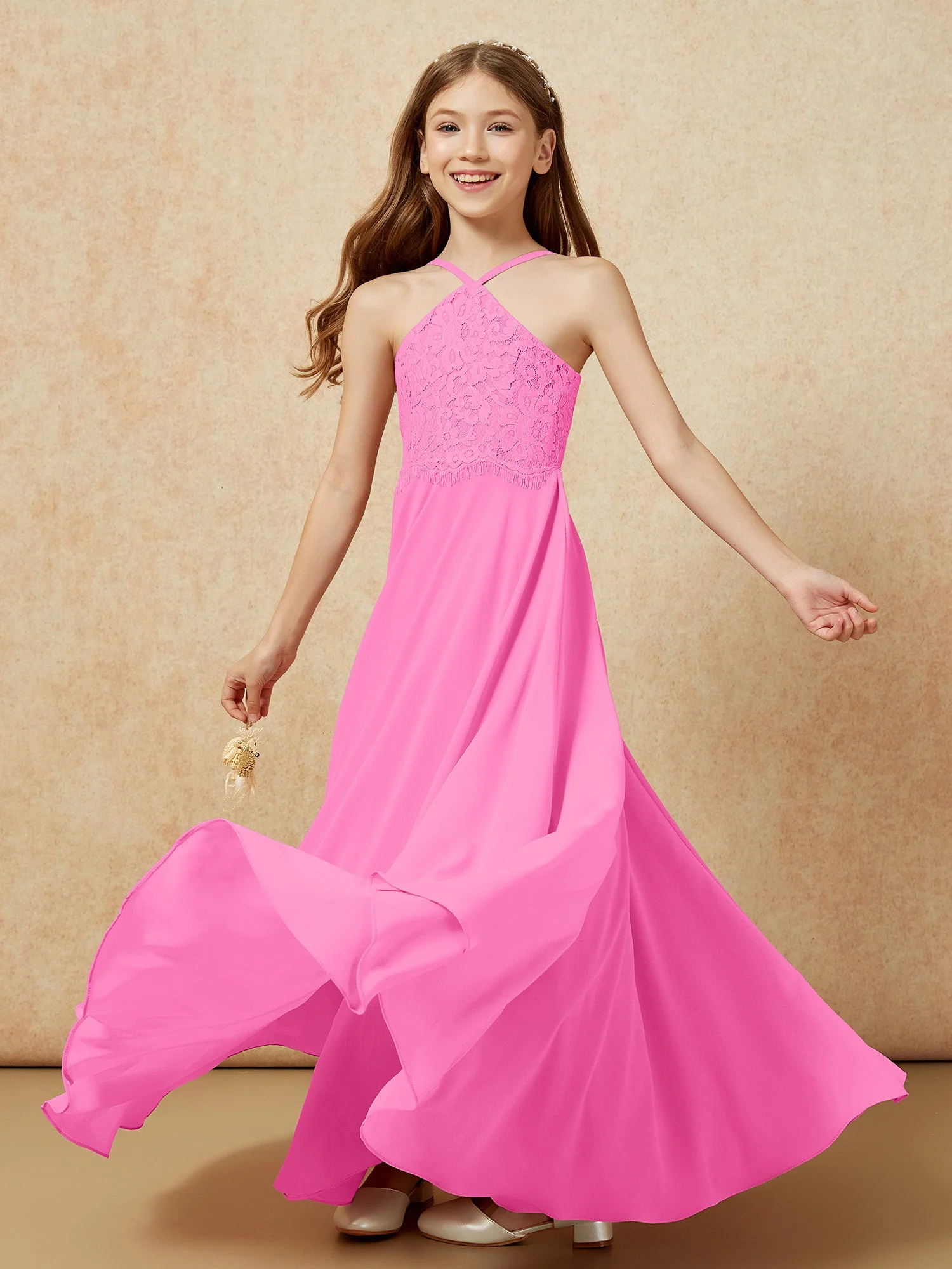 Halshalter Spitzen Oberteil Lang Chiffon Junge Brautjungfernkleider Azalee - Image 6