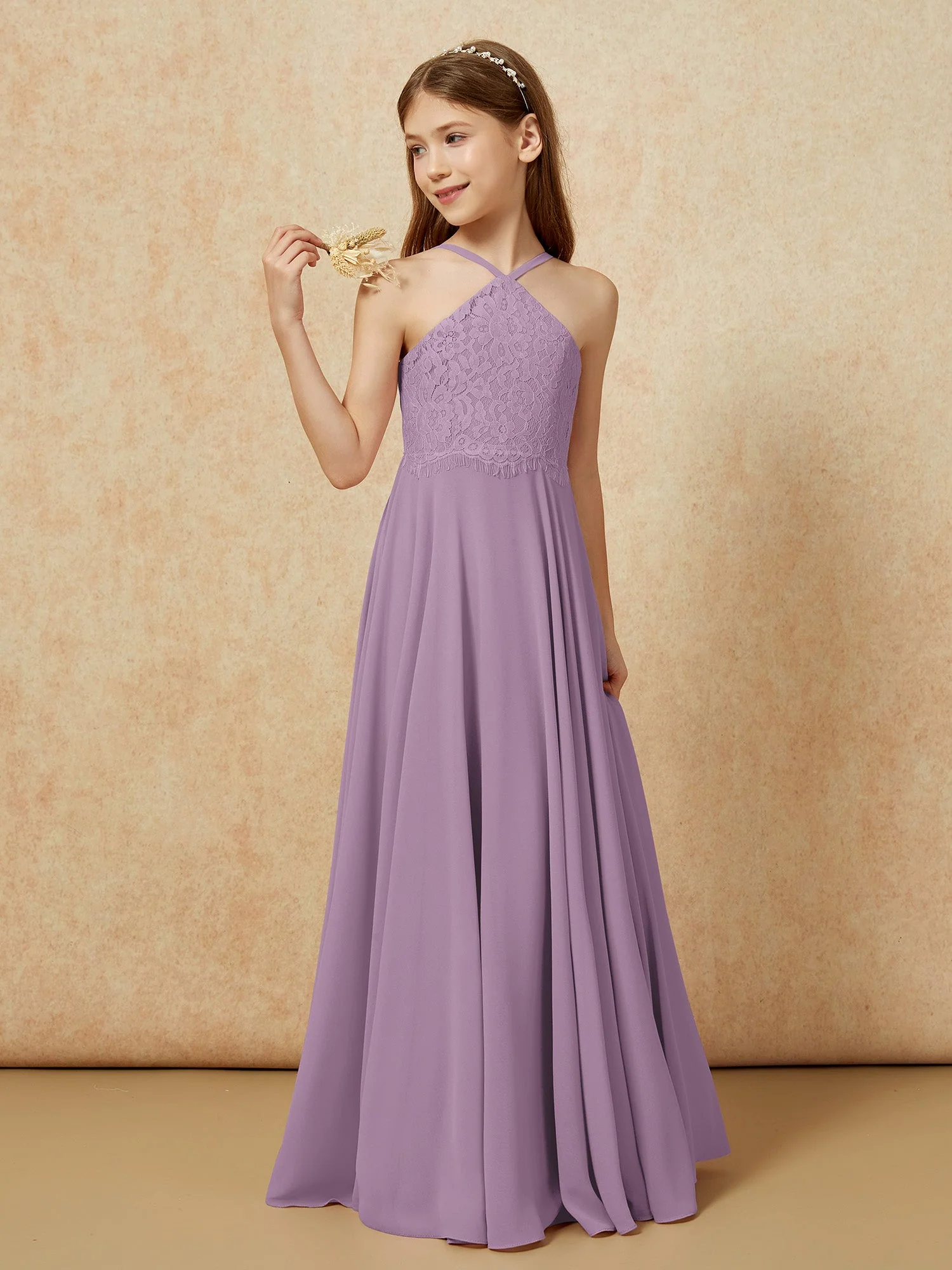 Halshalter Spitzen Oberteil Lang Chiffon Junge Brautjungfernkleider Blauregen - Image 3