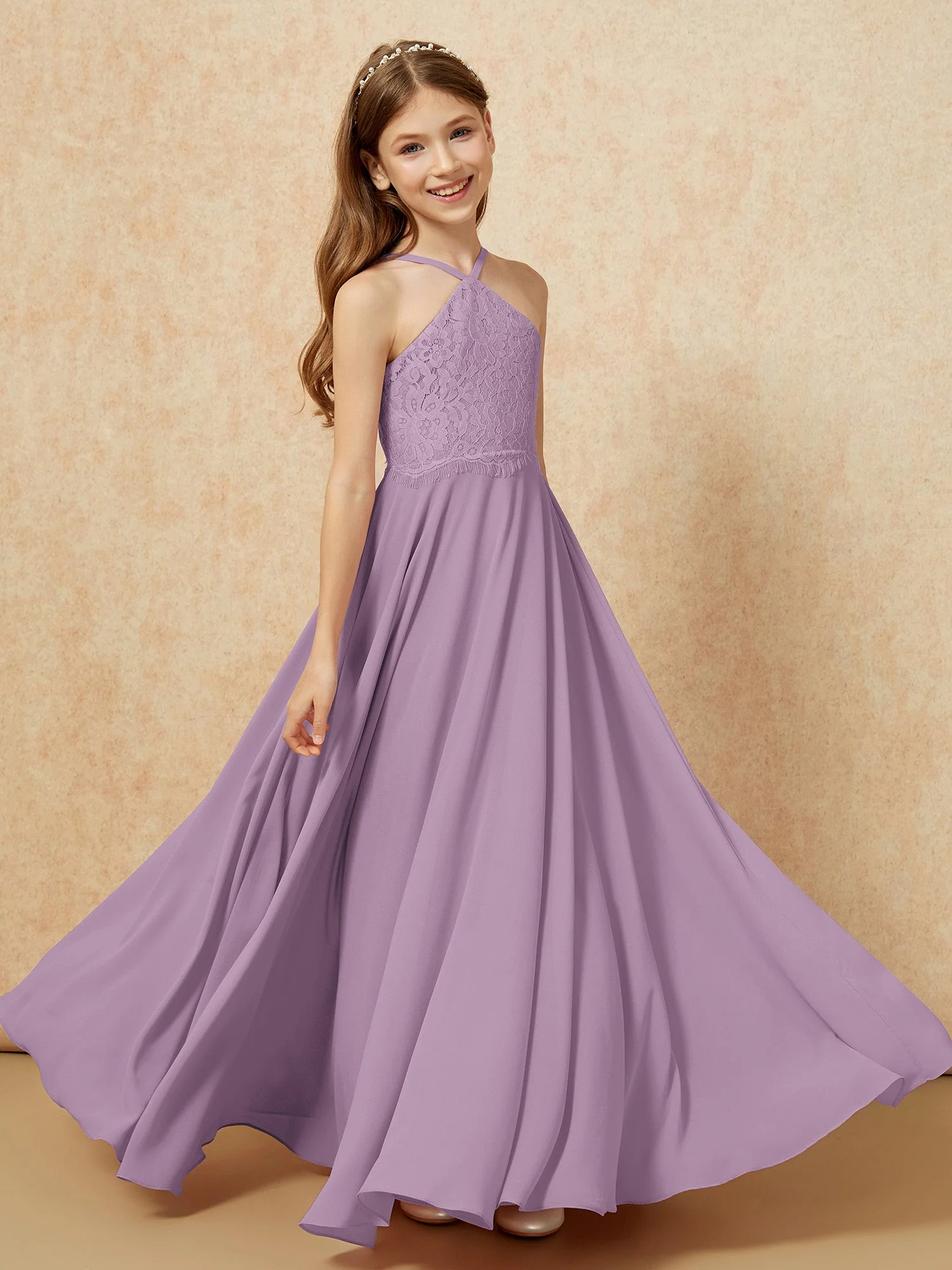 Halshalter Spitzen Oberteil Lang Chiffon Junge Brautjungfernkleider Blauregen - Image 4