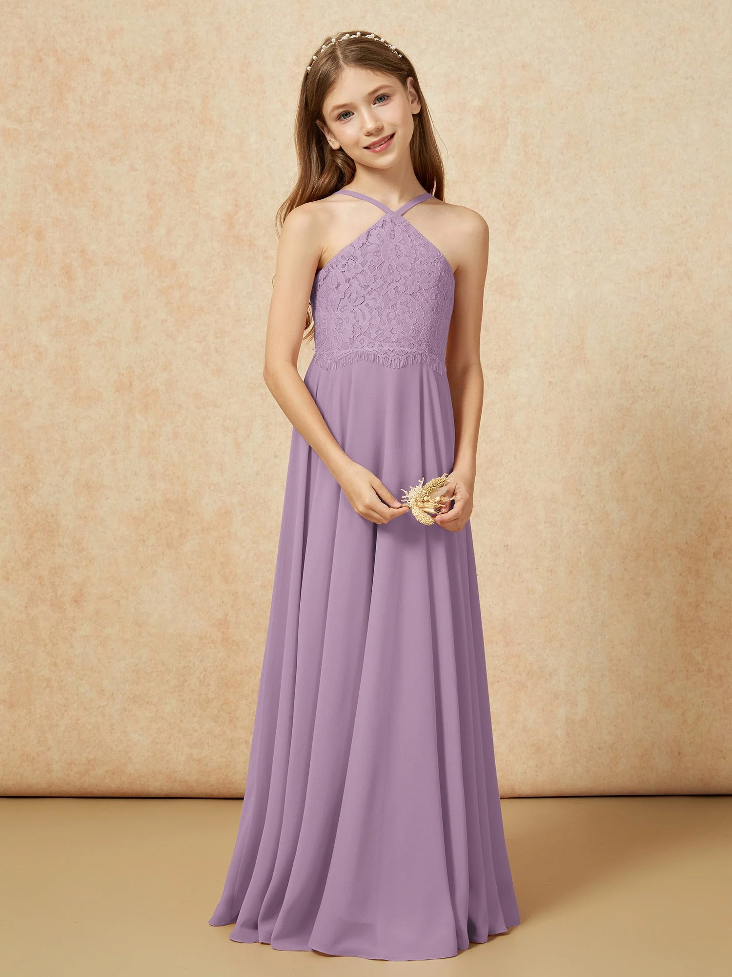 Halshalter Spitzen Oberteil Lang Chiffon Junge Brautjungfernkleider Blauregen - Image 5