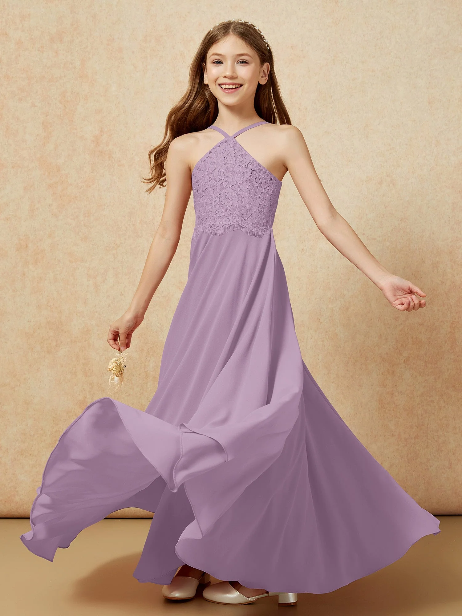 Halshalter Spitzen Oberteil Lang Chiffon Junge Brautjungfernkleider Blauregen - Image 6