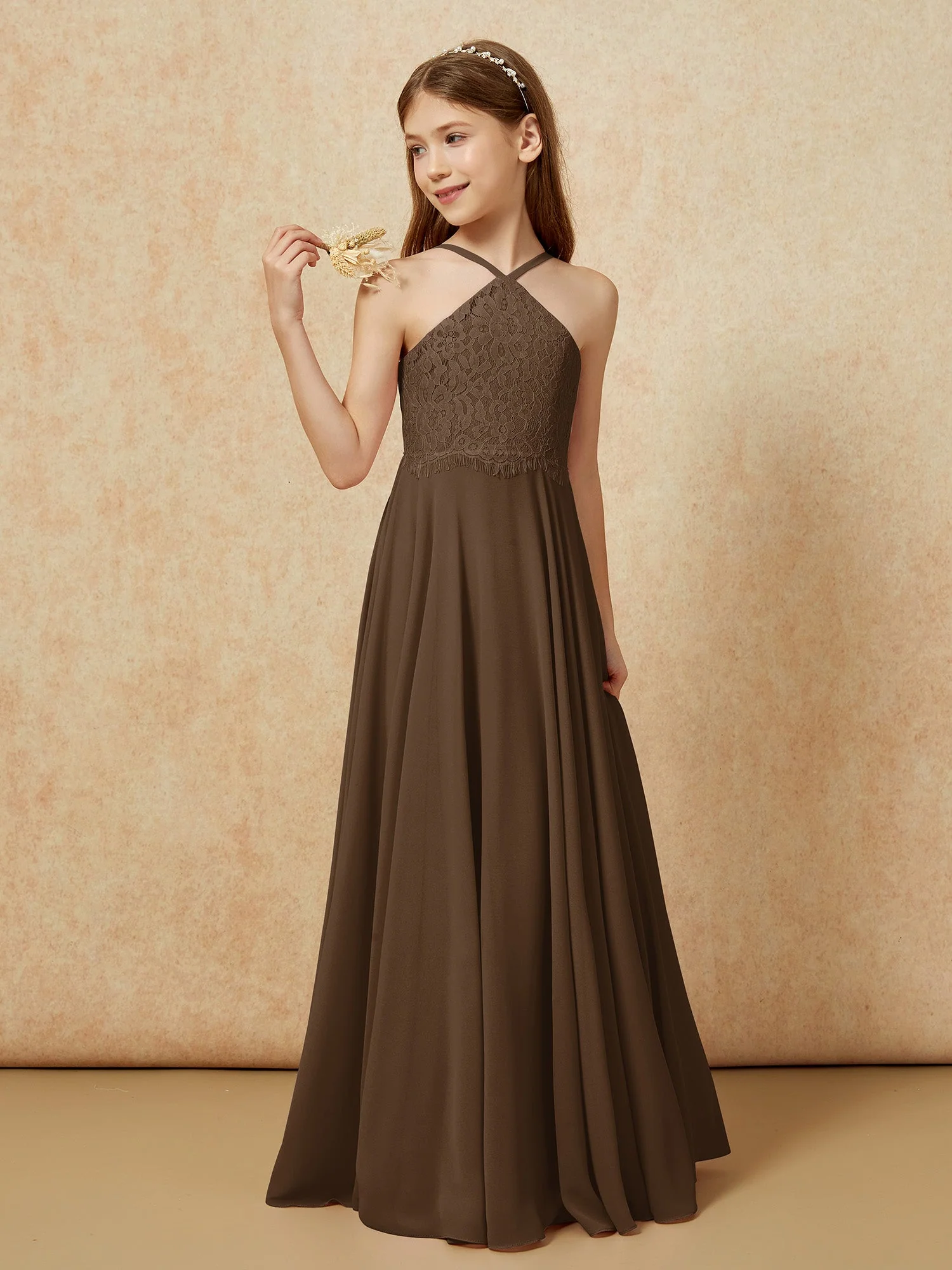 Halshalter Spitzen Oberteil Lang Chiffon Junge Brautjungfernkleider Braun - Image 3