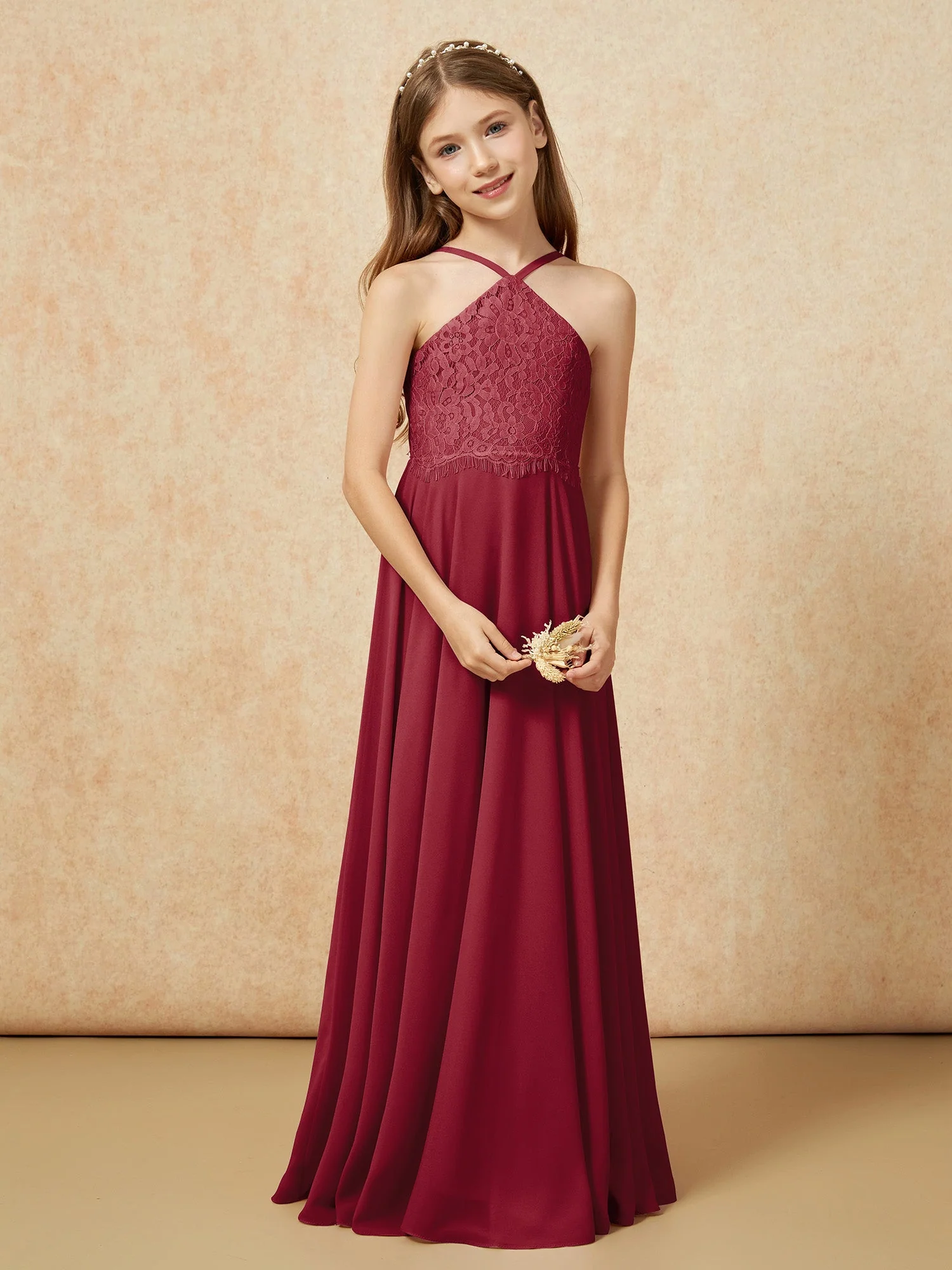 Halshalter Spitzen Oberteil Lang Chiffon Junge Brautjungfernkleider Burgunderrot - Image 5