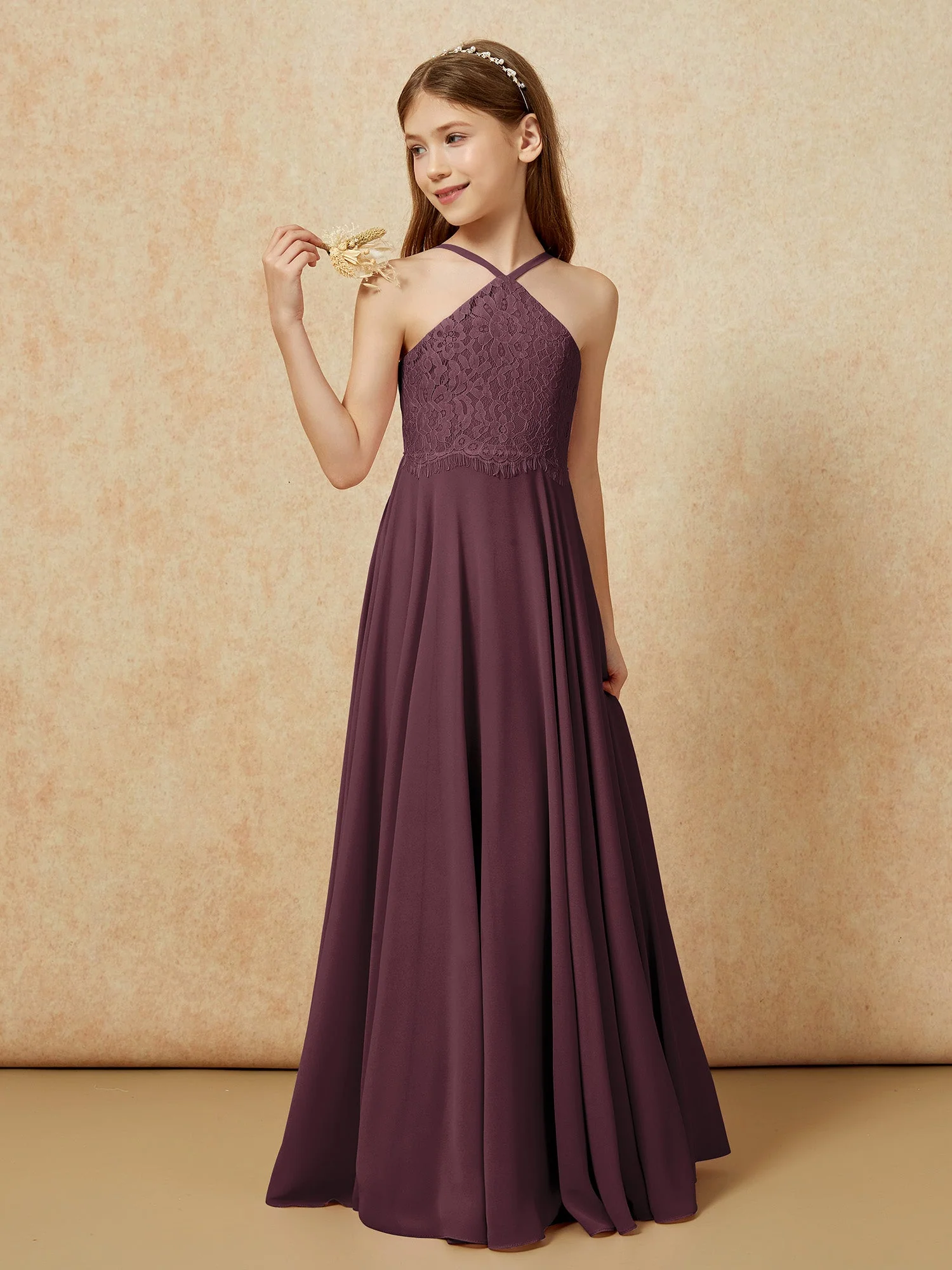 Halshalter Spitzen Oberteil Lang Chiffon Junge Brautjungfernkleider Cabernet - Image 3