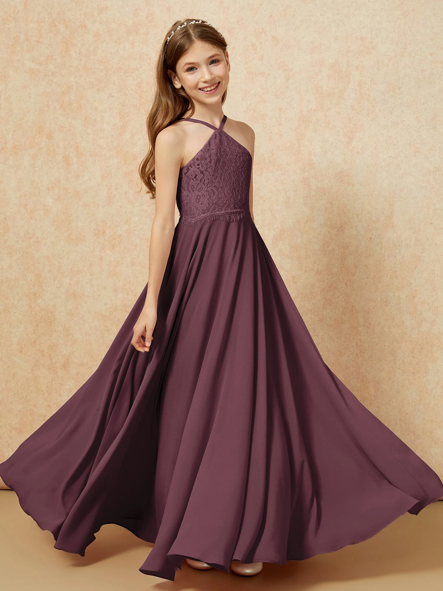 Halshalter Spitzen Oberteil Lang Chiffon Junge Brautjungfernkleider Cabernet - Image 4
