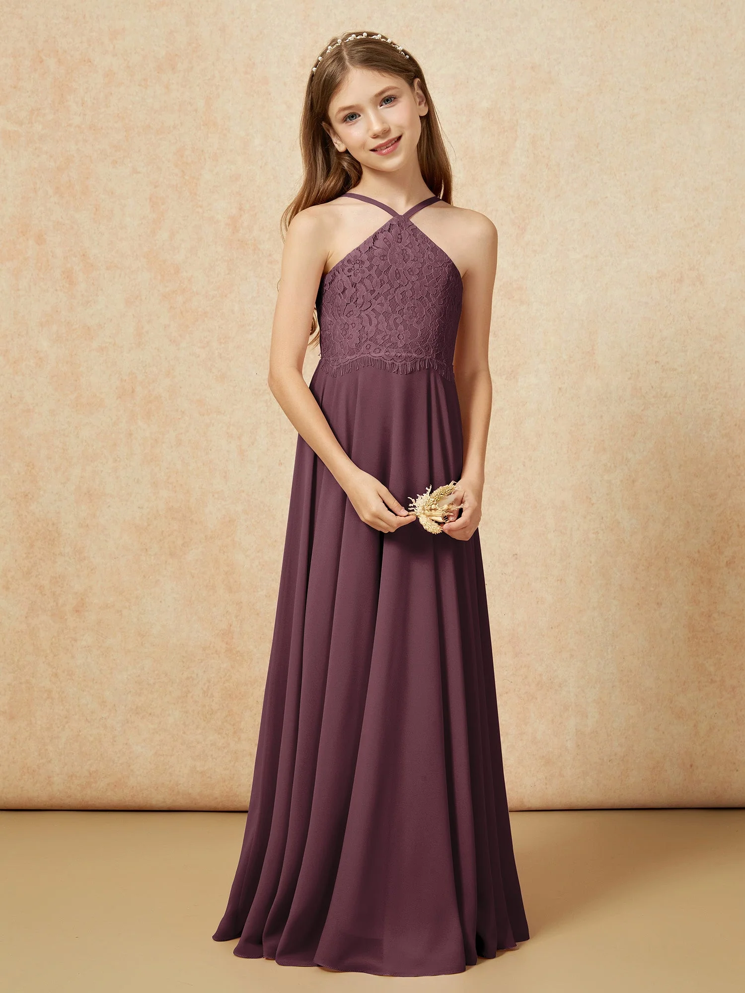 Halshalter Spitzen Oberteil Lang Chiffon Junge Brautjungfernkleider Cabernet - Image 5