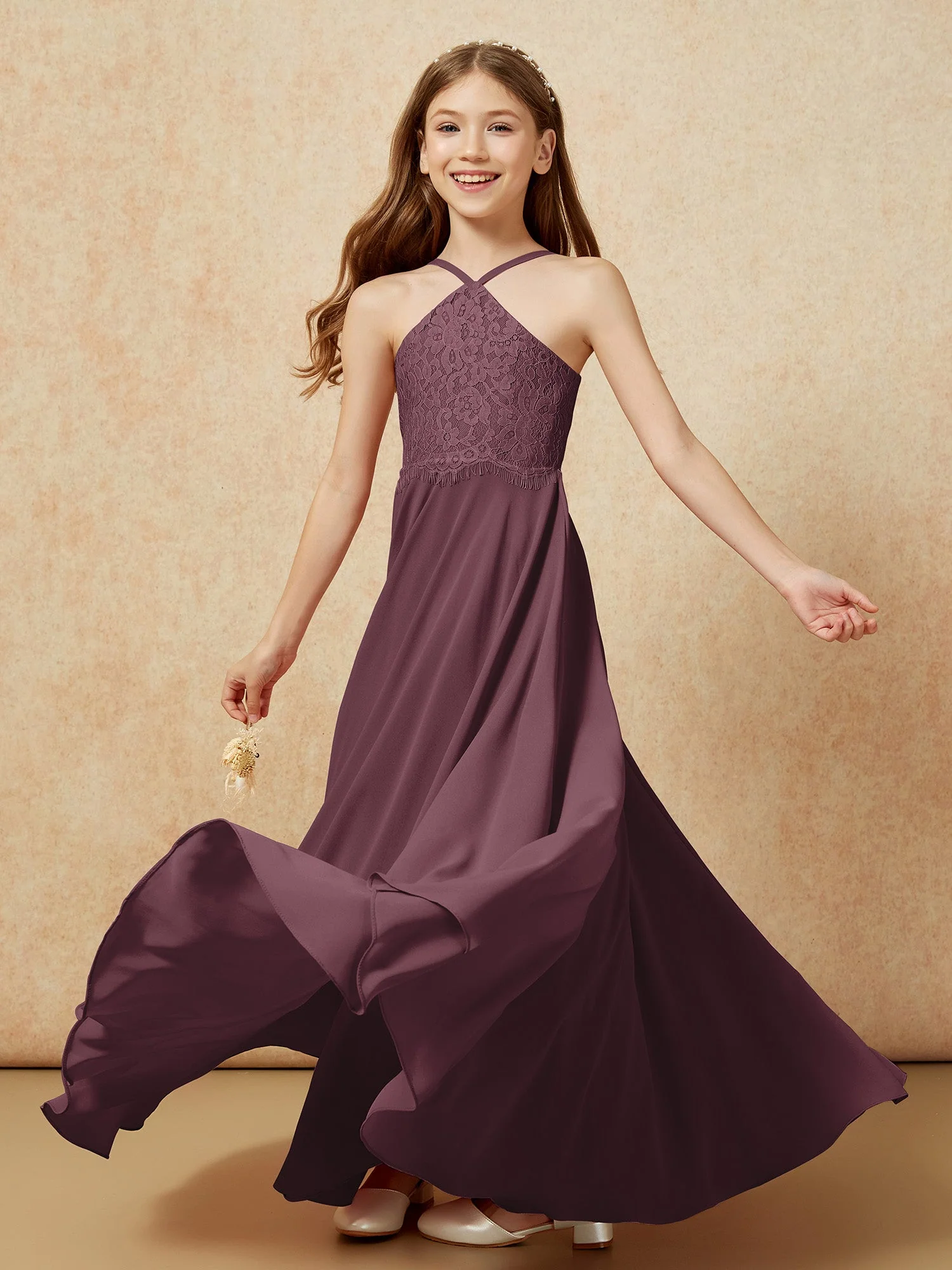 Halshalter Spitzen Oberteil Lang Chiffon Junge Brautjungfernkleider Cabernet - Image 6