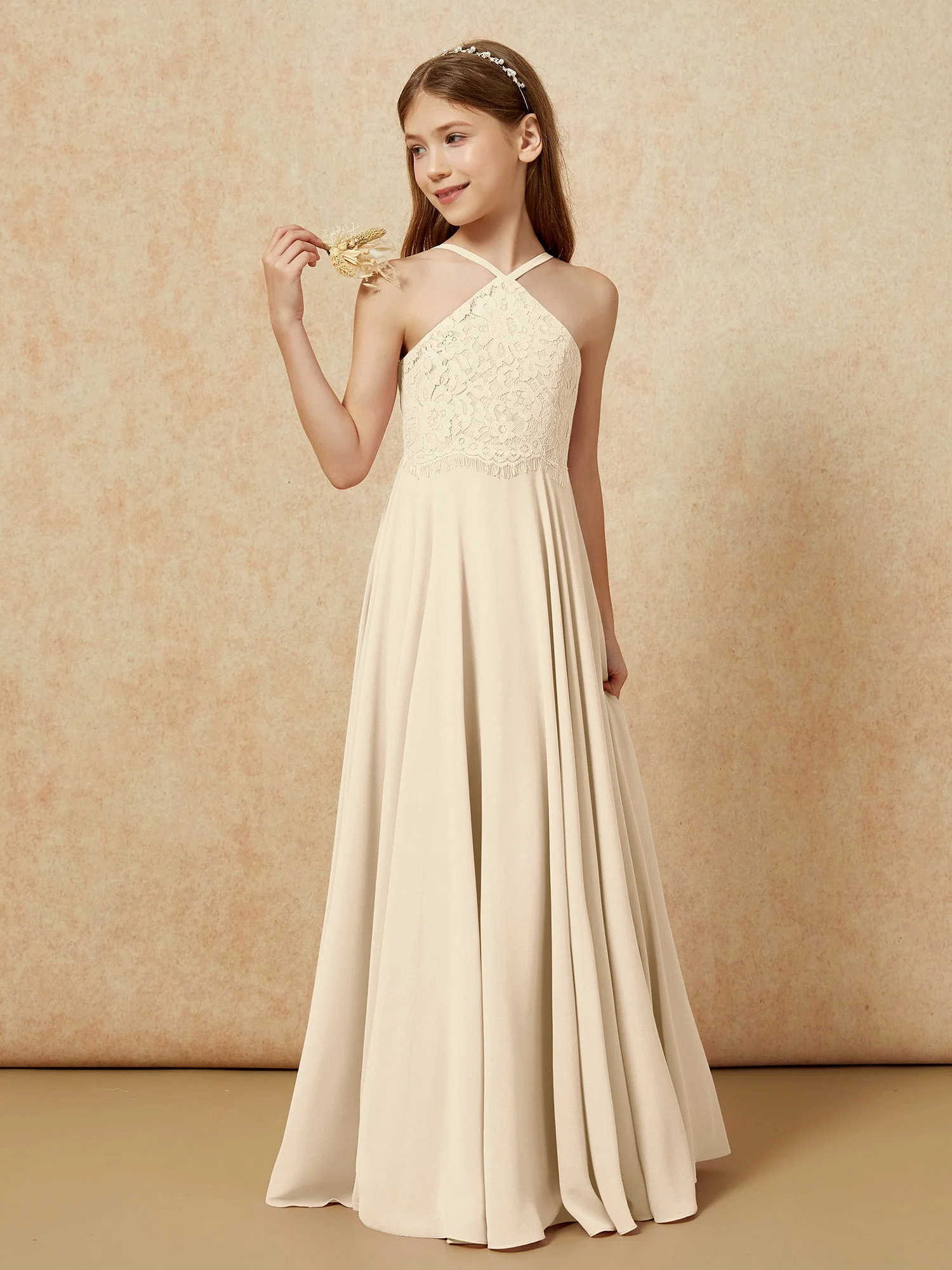 Halshalter Spitzen Oberteil Lang Chiffon Junge Brautjungfernkleider Champagner - Image 3