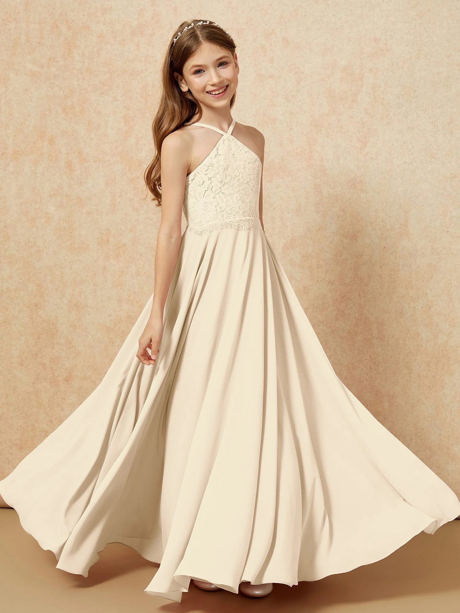Halshalter Spitzen Oberteil Lang Chiffon Junge Brautjungfernkleider Champagner - Image 4