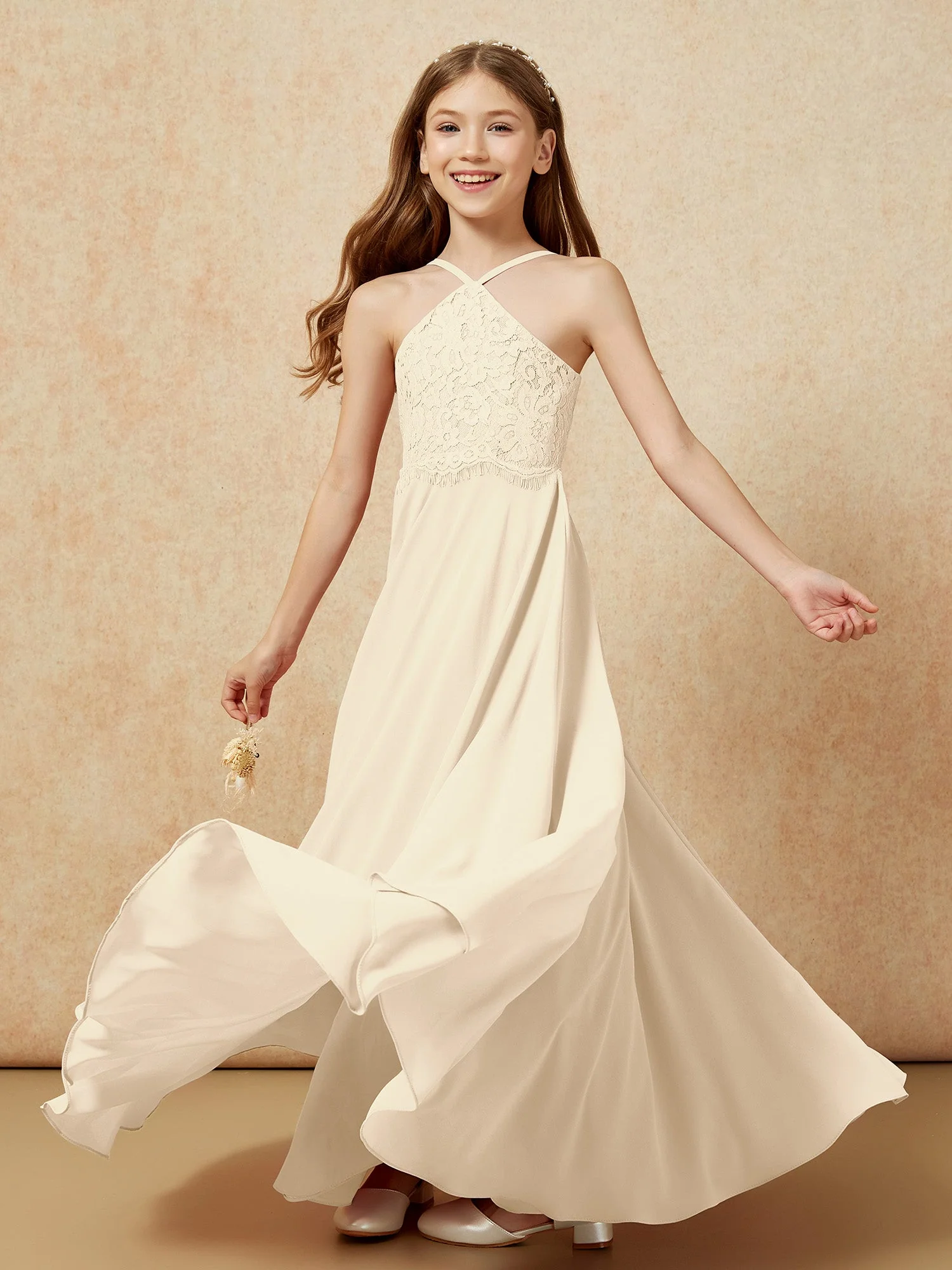 Halshalter Spitzen Oberteil Lang Chiffon Junge Brautjungfernkleider Champagner - Image 6