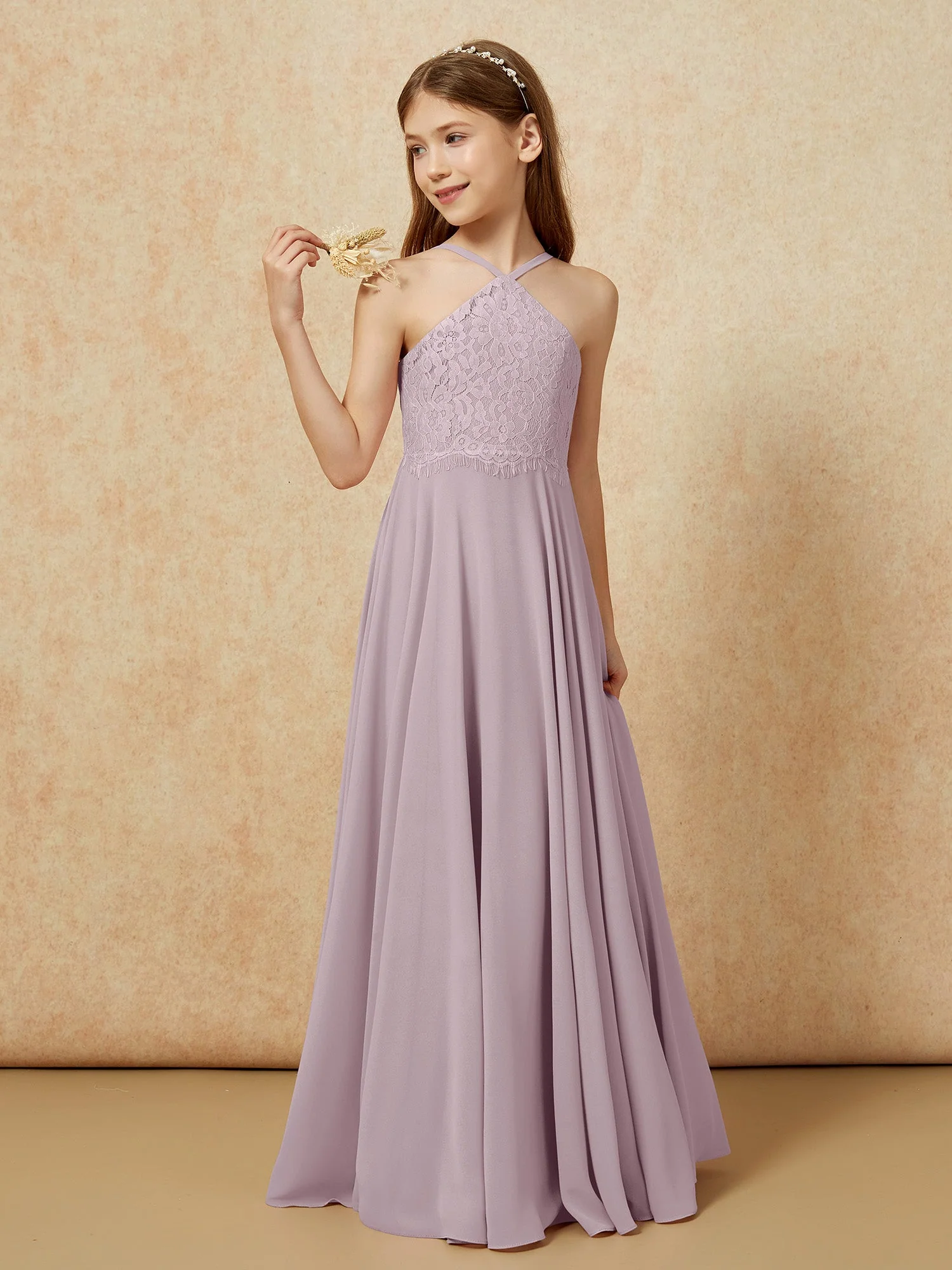 Halshalter Spitzen Oberteil Lang Chiffon Junge Brautjungfernkleider Dämmerung - Image 3
