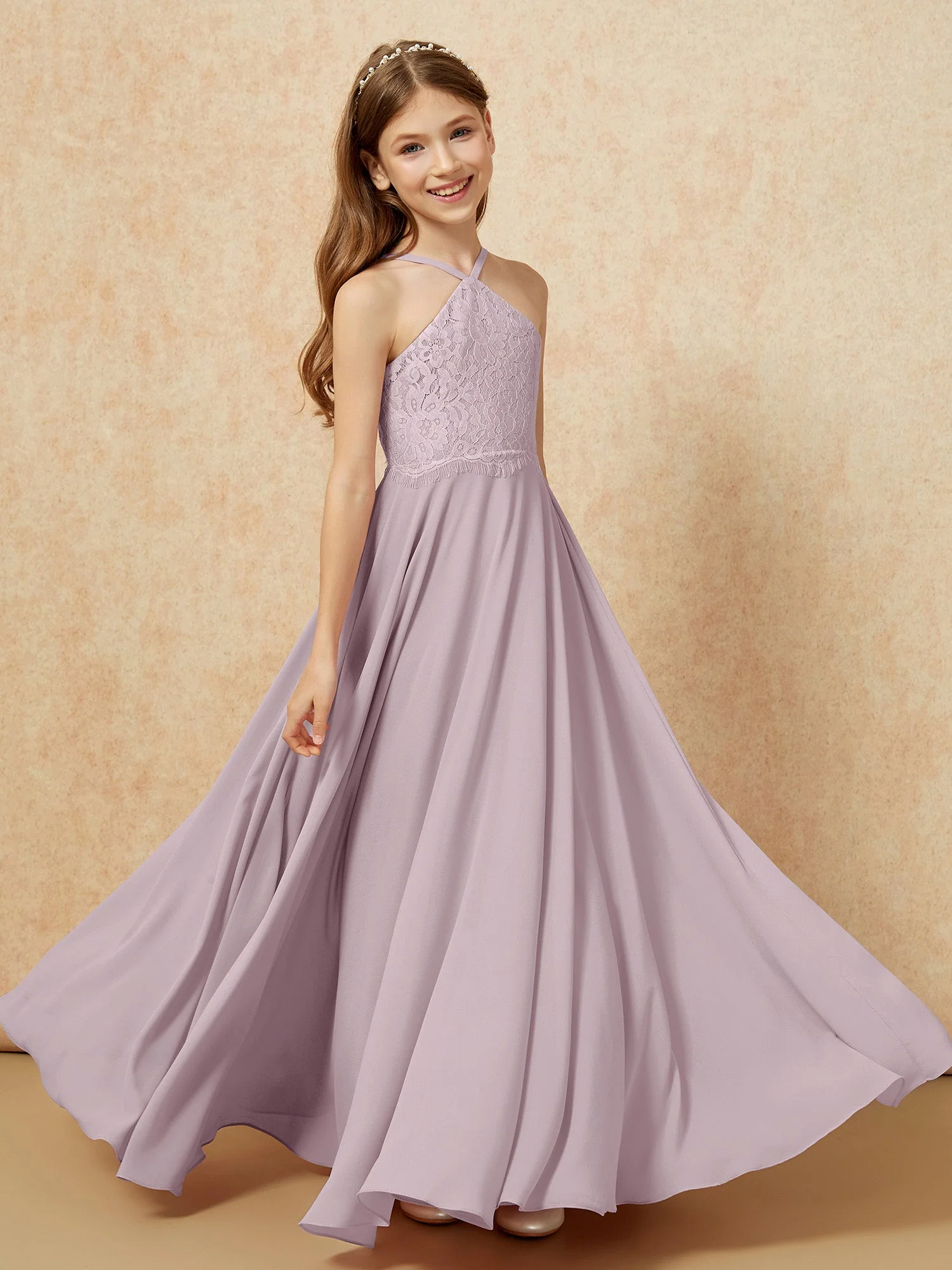 Halshalter Spitzen Oberteil Lang Chiffon Junge Brautjungfernkleider Dämmerung - Image 4