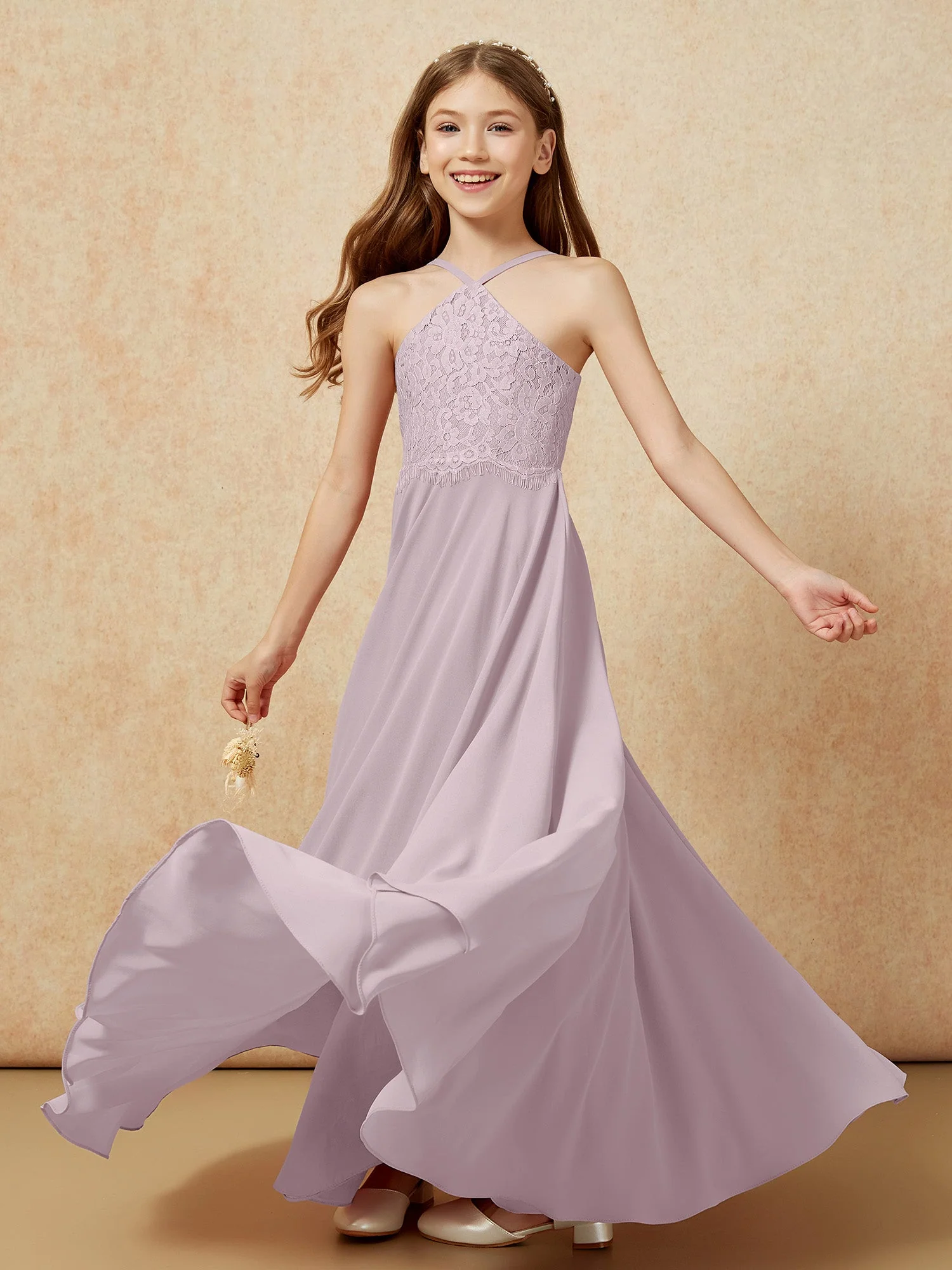 Halshalter Spitzen Oberteil Lang Chiffon Junge Brautjungfernkleider Dämmerung - Image 6