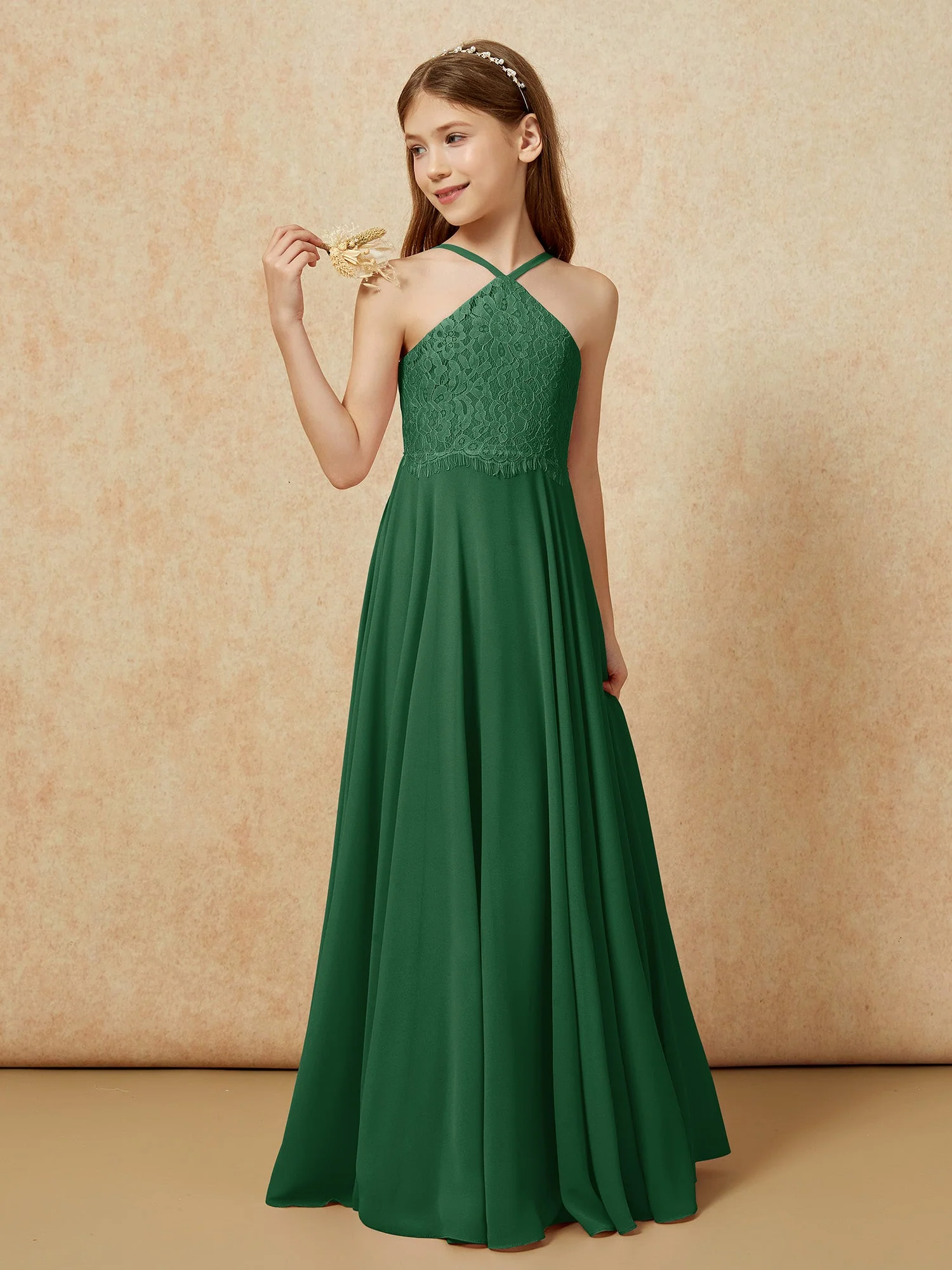 Halshalter Spitzen Oberteil Lang Chiffon Junge Brautjungfernkleider Dunkelgrün - Image 3