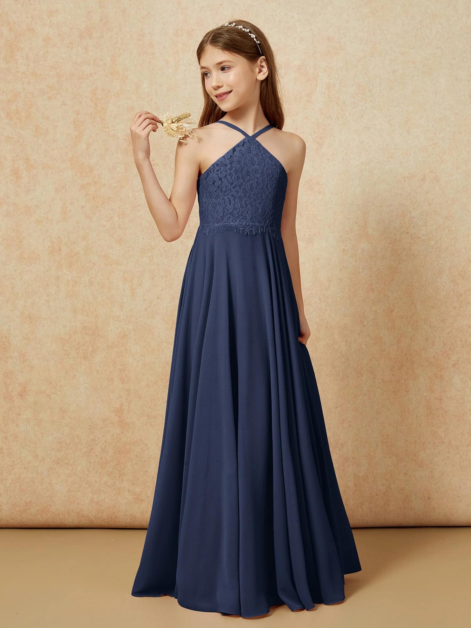 Halshalter Spitzen Oberteil Lang Chiffon Junge Brautjungfernkleider Dunkelmarine - Image 3