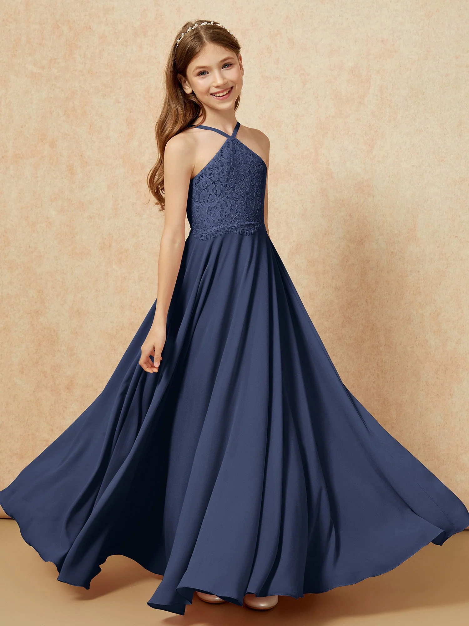 Halshalter Spitzen Oberteil Lang Chiffon Junge Brautjungfernkleider Dunkelmarine - Image 4