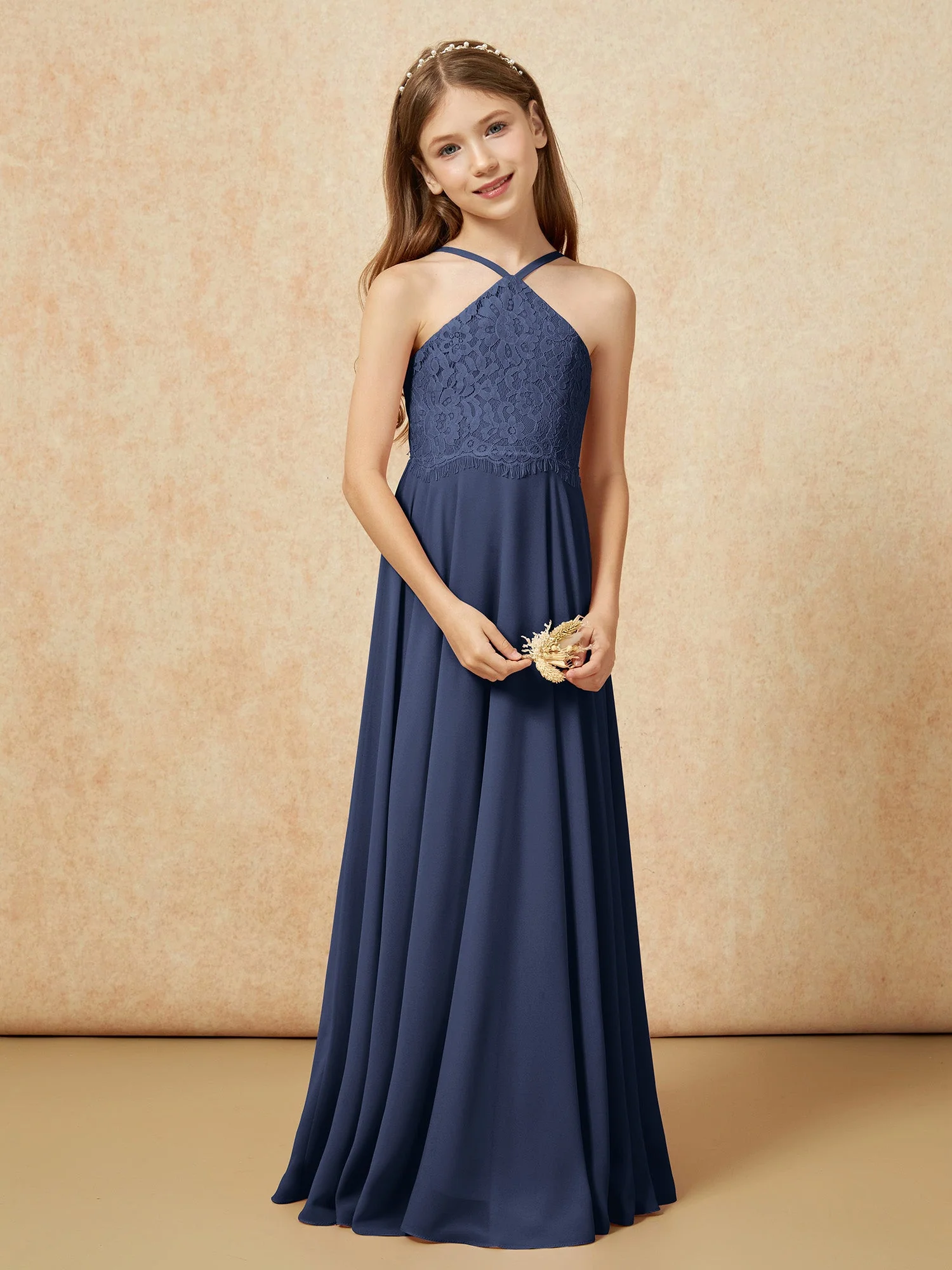 Halshalter Spitzen Oberteil Lang Chiffon Junge Brautjungfernkleider Dunkelmarine - Image 5