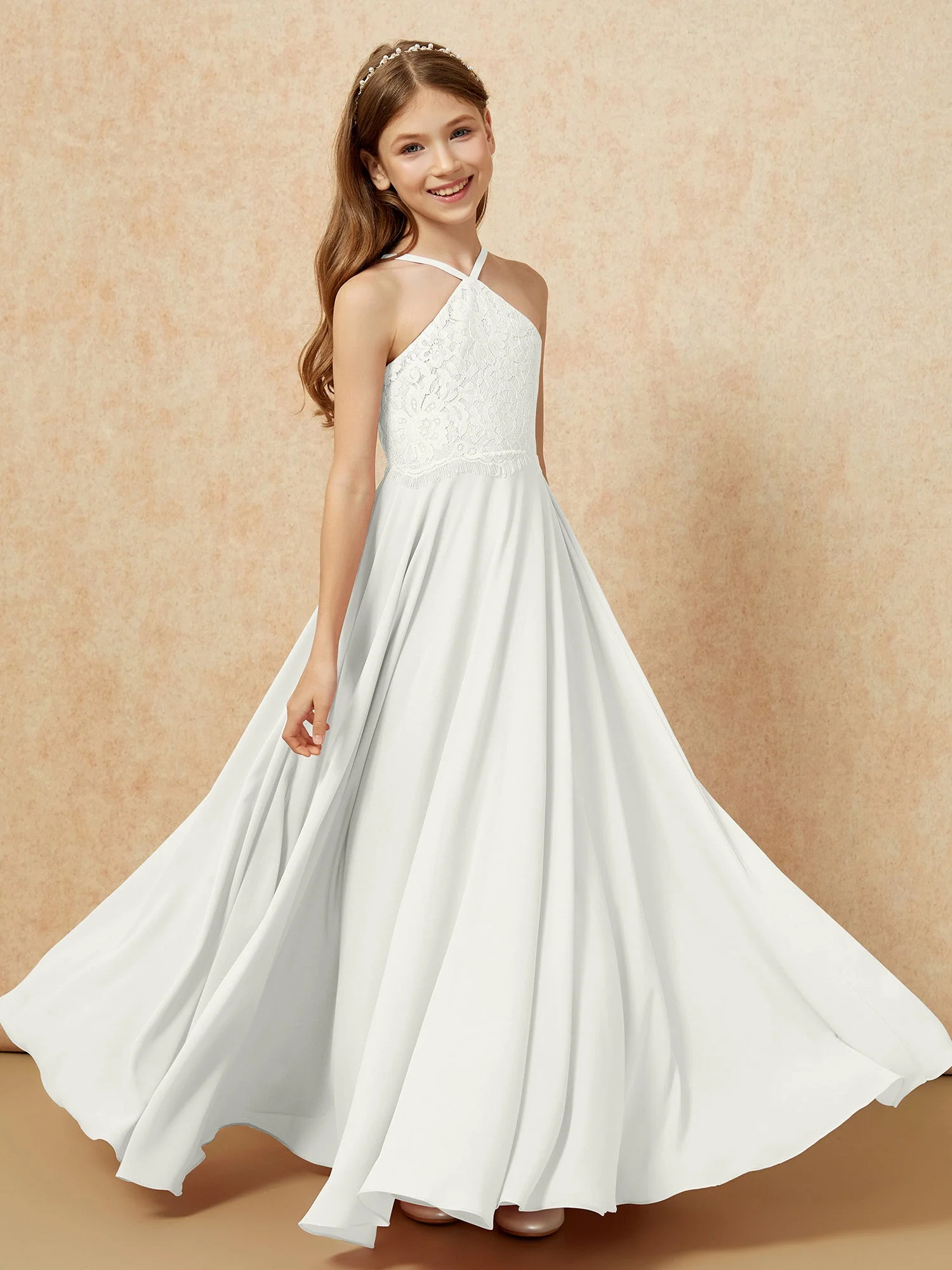 Halshalter Spitzen Oberteil Lang Chiffon Junge Brautjungfernkleider Elfenbein - Image 4