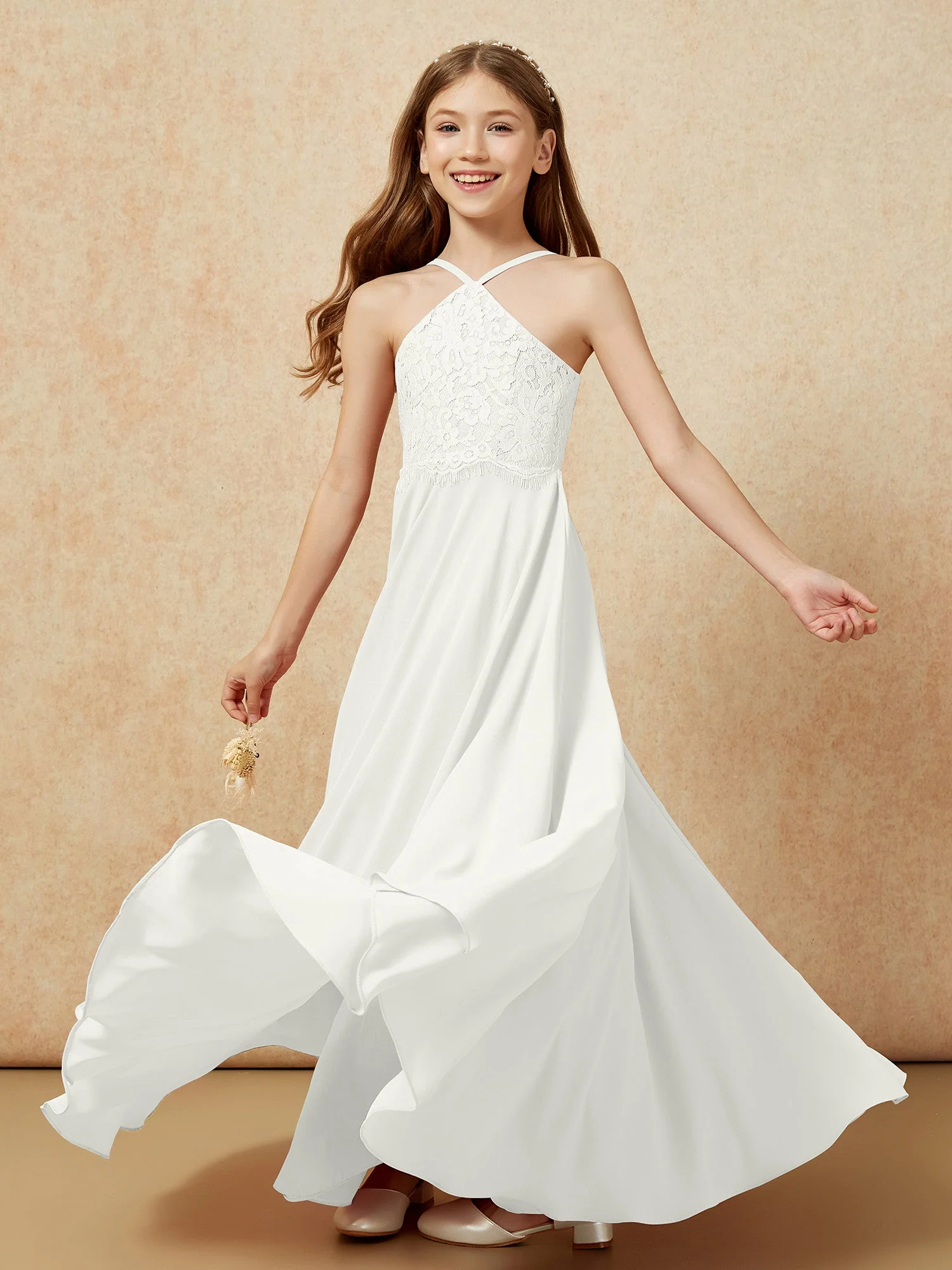 Halshalter Spitzen Oberteil Lang Chiffon Junge Brautjungfernkleider Elfenbein - Image 6