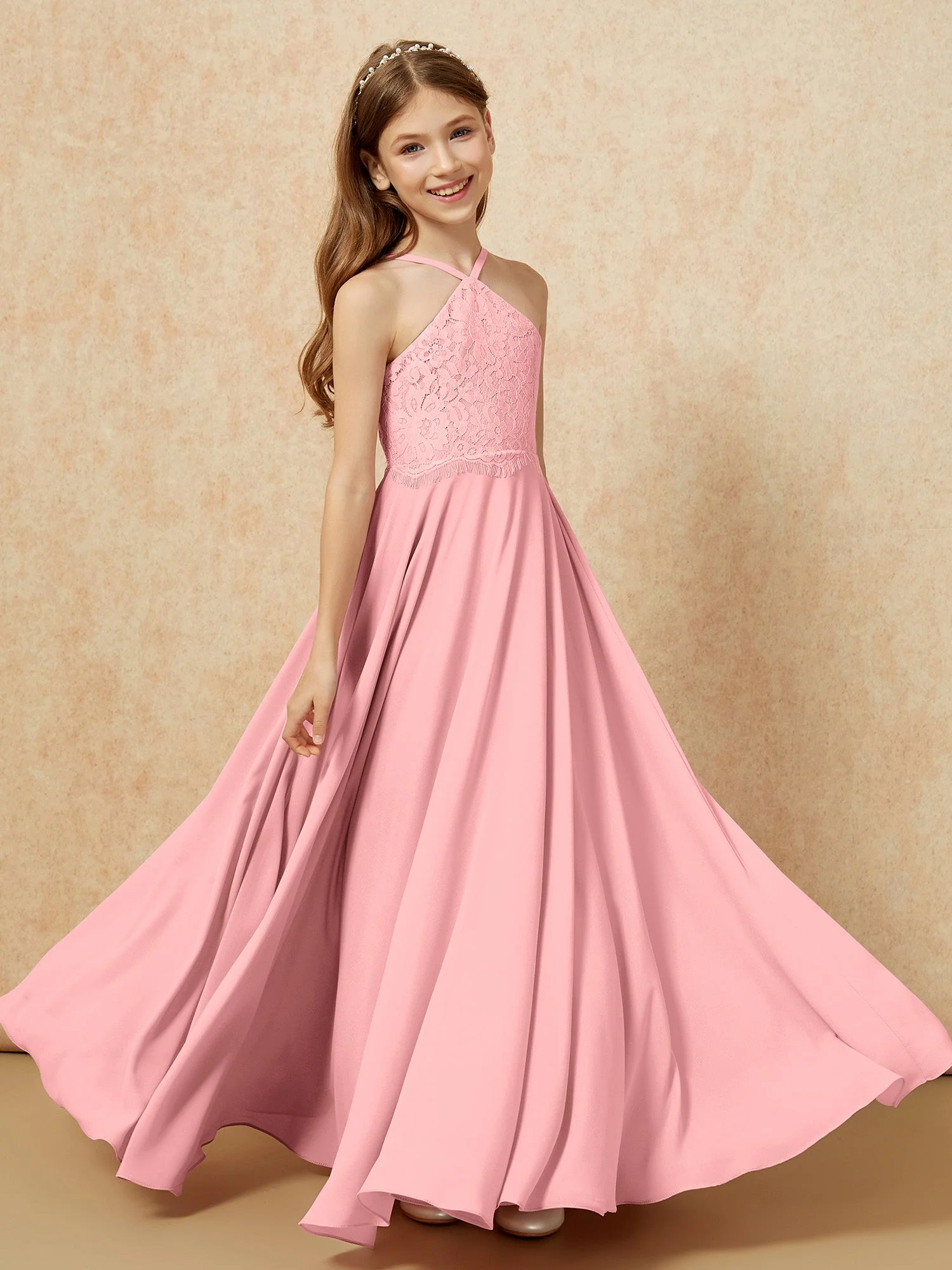 Halshalter Spitzen Oberteil Lang Chiffon Junge Brautjungfernkleider Flamingo - Image 4