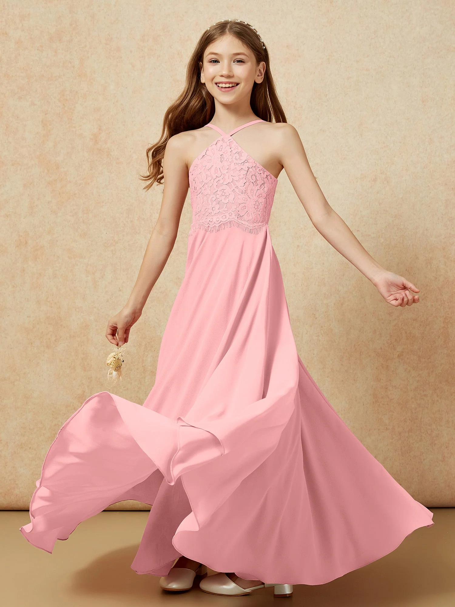 Halshalter Spitzen Oberteil Lang Chiffon Junge Brautjungfernkleider Flamingo - Image 6