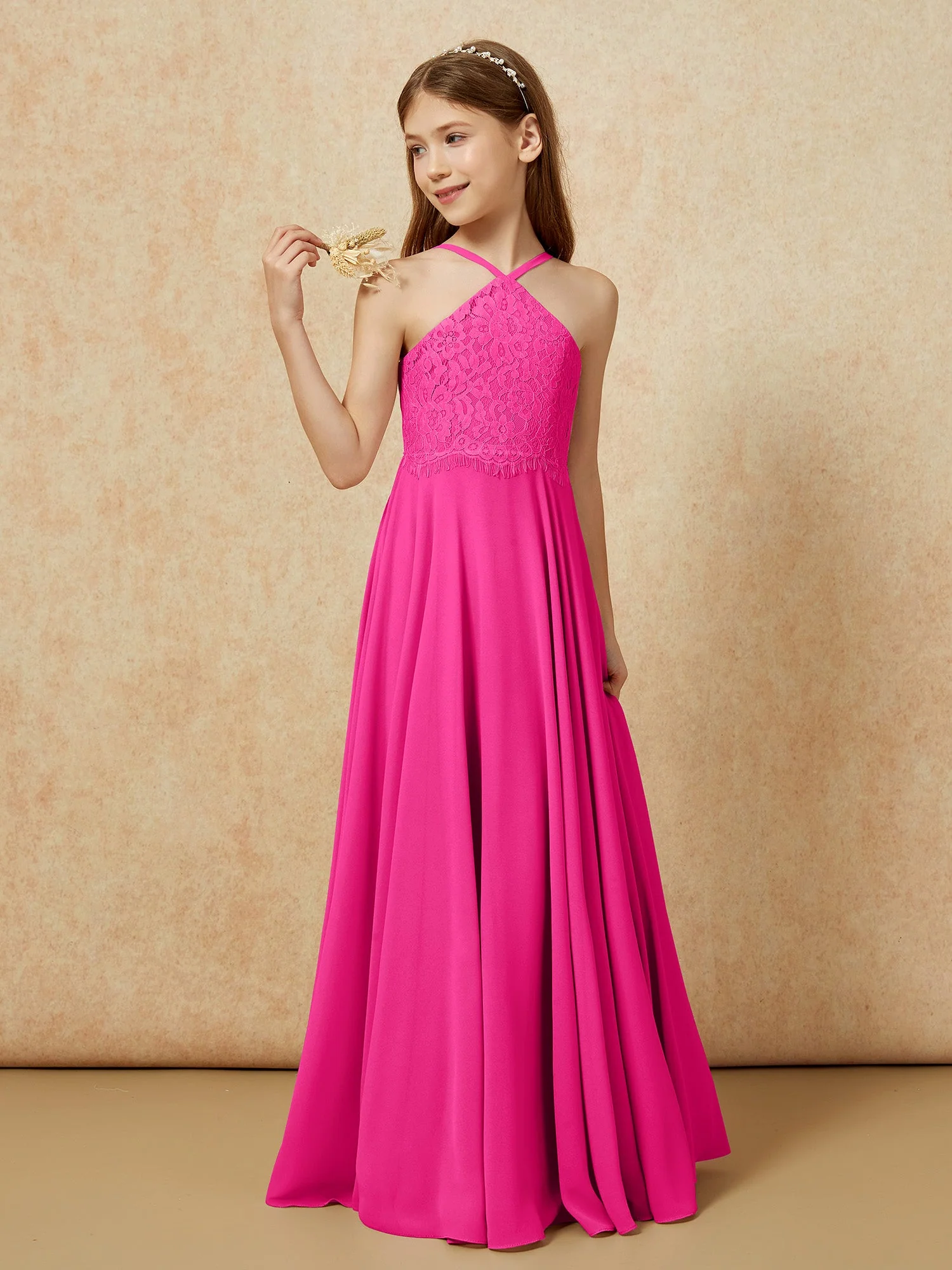Halshalter Spitzen Oberteil Lang Chiffon Junge Brautjungfernkleider Fuchsia - Image 3