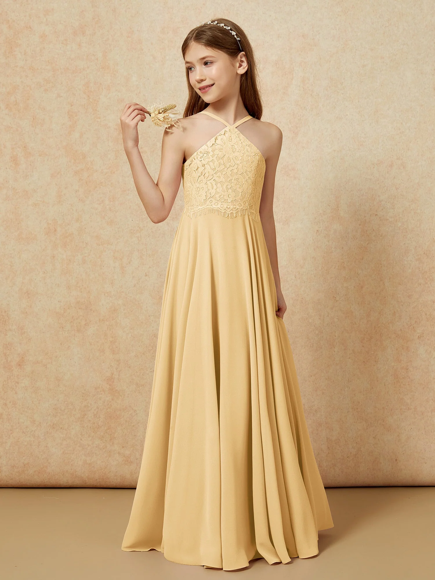 Halshalter Spitzen Oberteil Lang Chiffon Junge Brautjungfernkleider Gold - Image 3