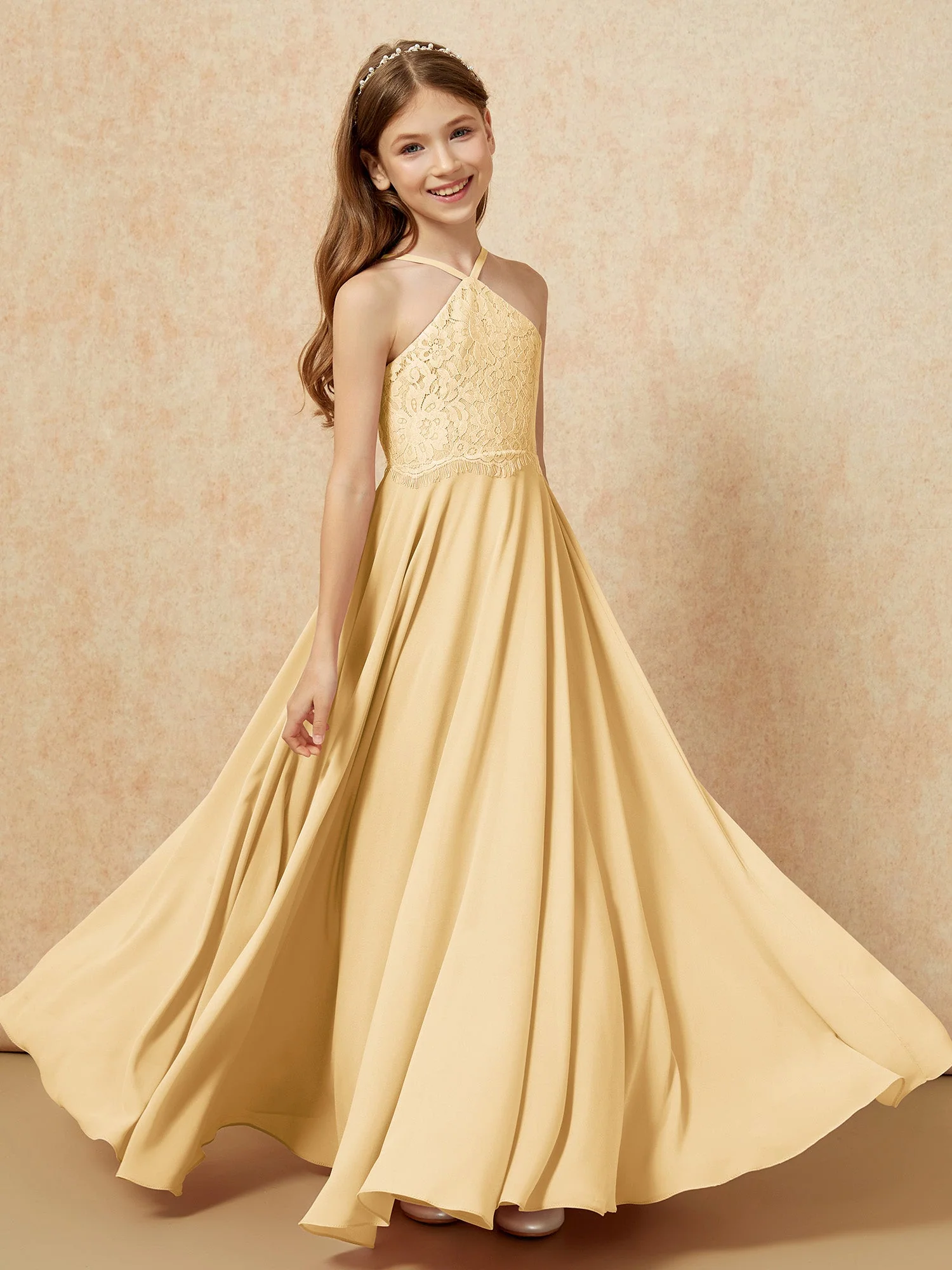 Halshalter Spitzen Oberteil Lang Chiffon Junge Brautjungfernkleider Gold - Image 4