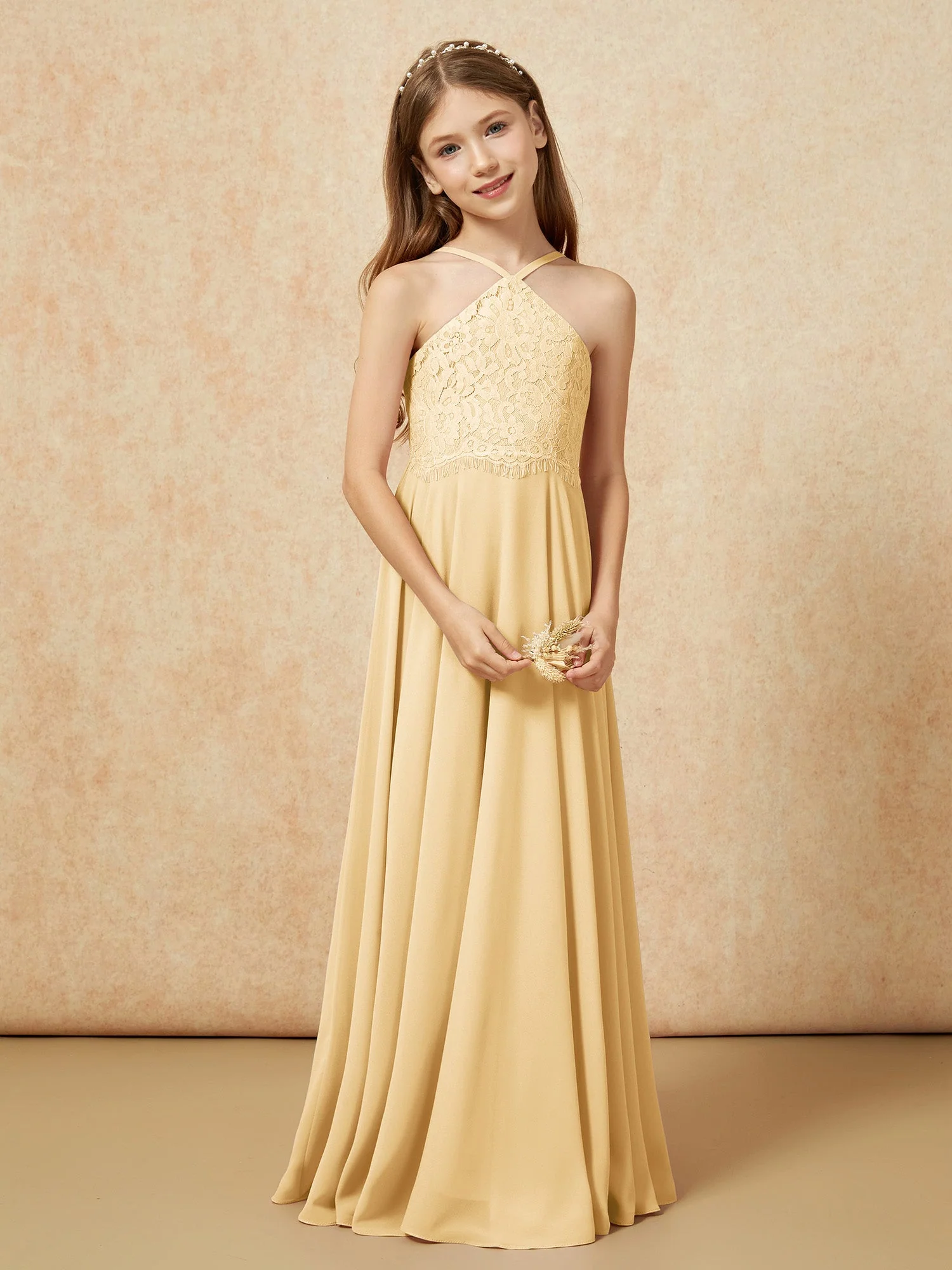 Halshalter Spitzen Oberteil Lang Chiffon Junge Brautjungfernkleider Gold - Image 5