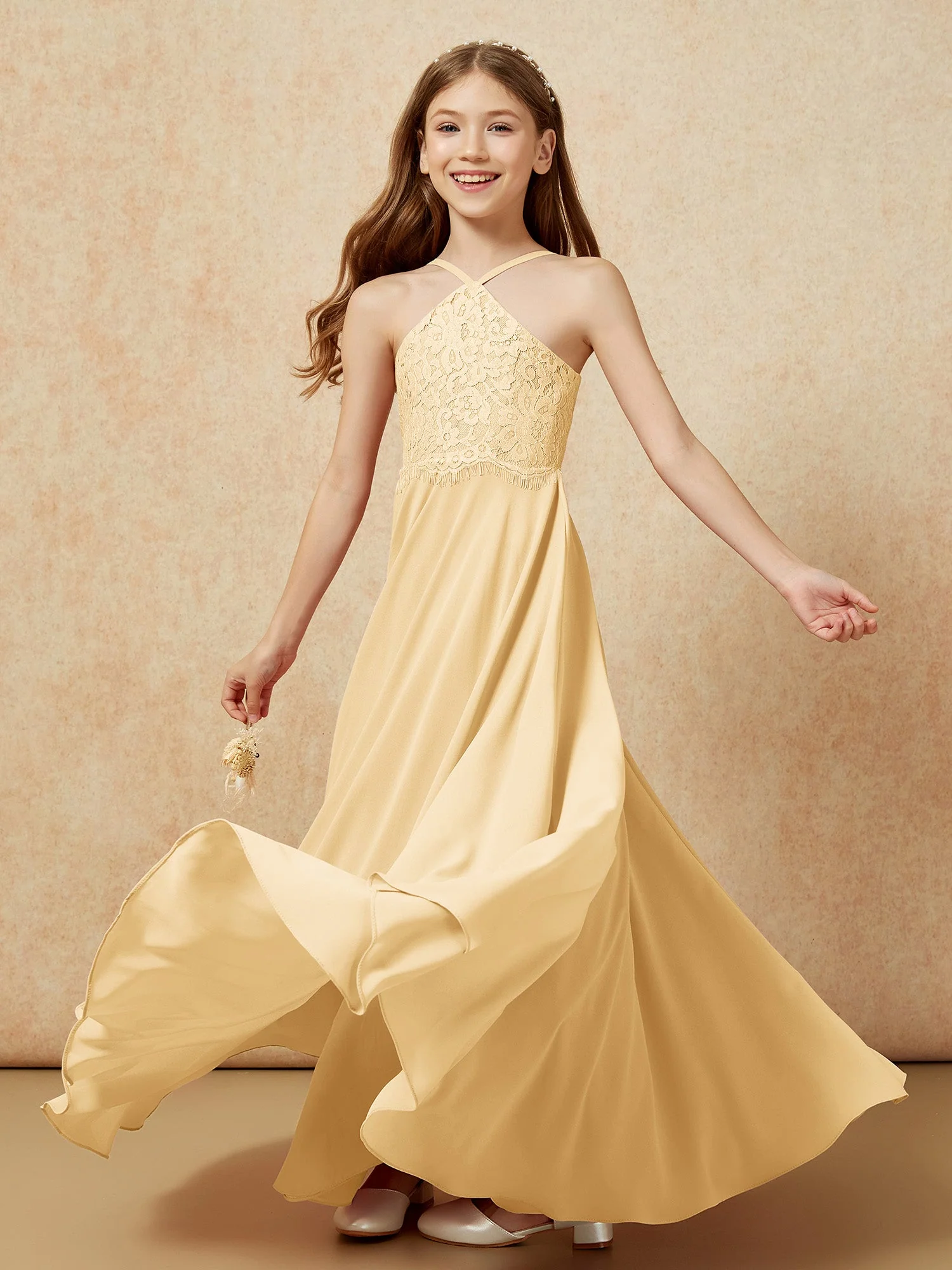 Halshalter Spitzen Oberteil Lang Chiffon Junge Brautjungfernkleider Gold - Image 6