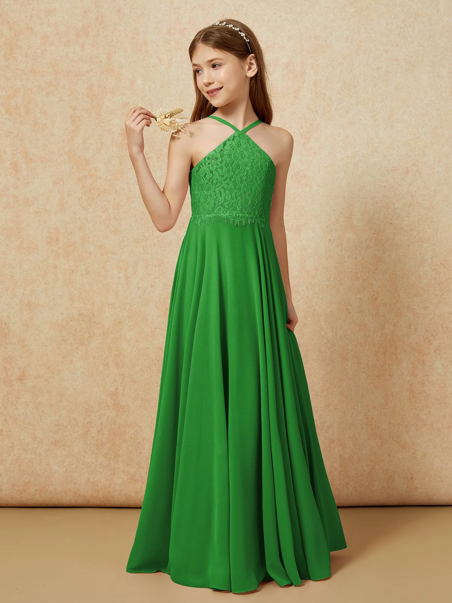 Halshalter Spitzen Oberteil Lang Chiffon Junge Brautjungfernkleider Grün - Image 3