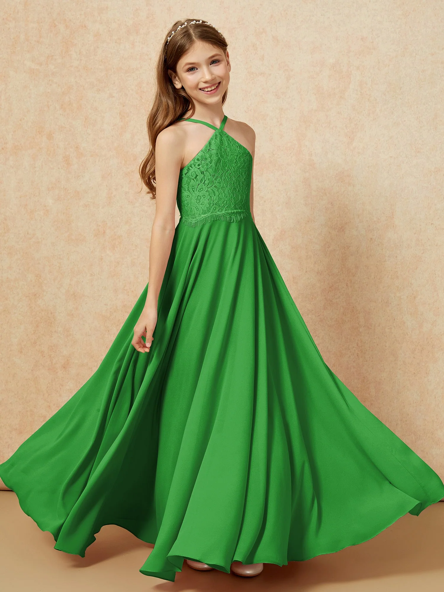 Halshalter Spitzen Oberteil Lang Chiffon Junge Brautjungfernkleider Grün - Image 4