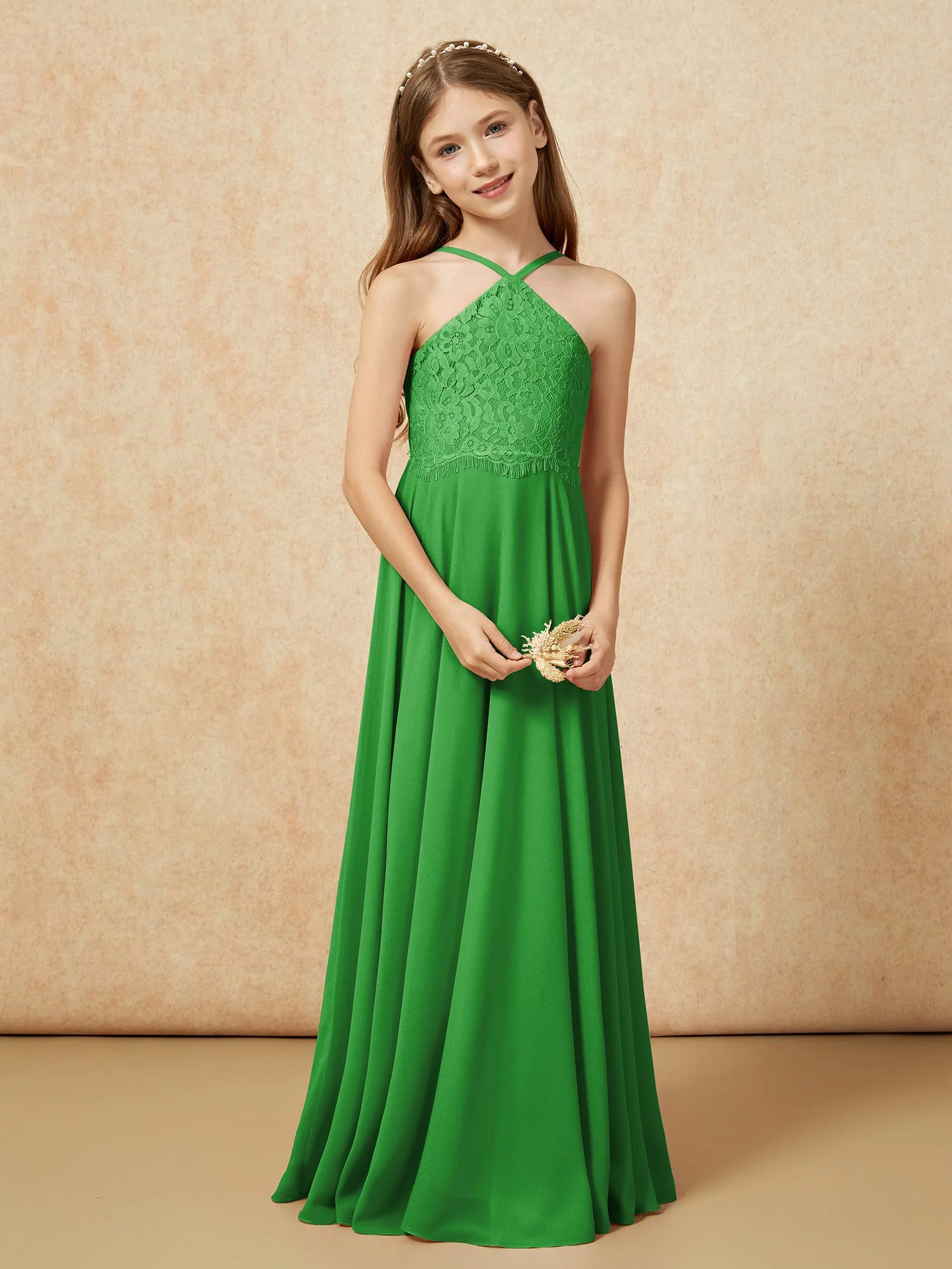 Halshalter Spitzen Oberteil Lang Chiffon Junge Brautjungfernkleider Grün - Image 5