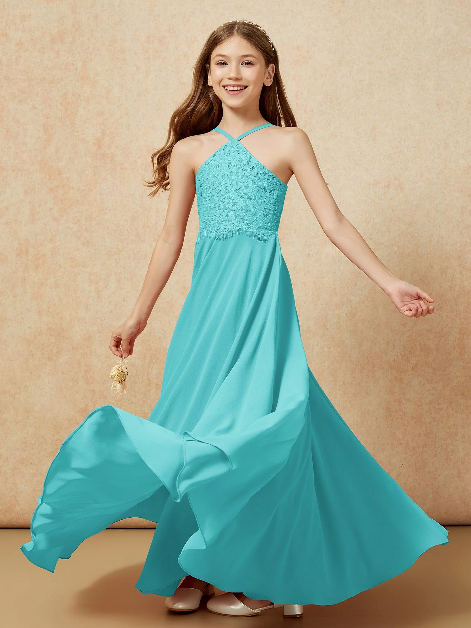 Halshalter Spitzen Oberteil Lang Chiffon Junge Brautjungfernkleider Jade - Image 6