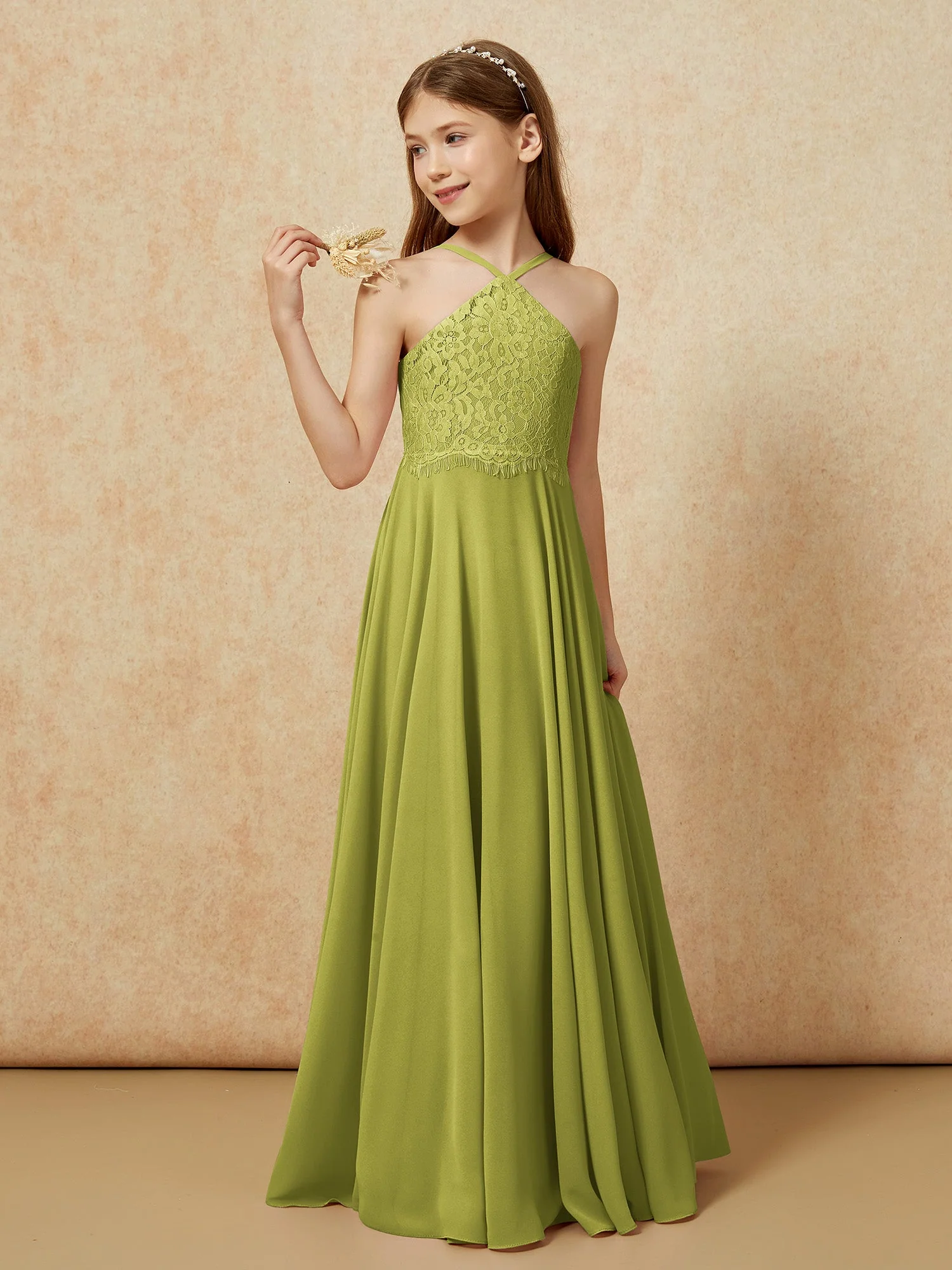 Halshalter Spitzen Oberteil Lang Chiffon Junge Brautjungfernkleider Kleegrün - Image 3
