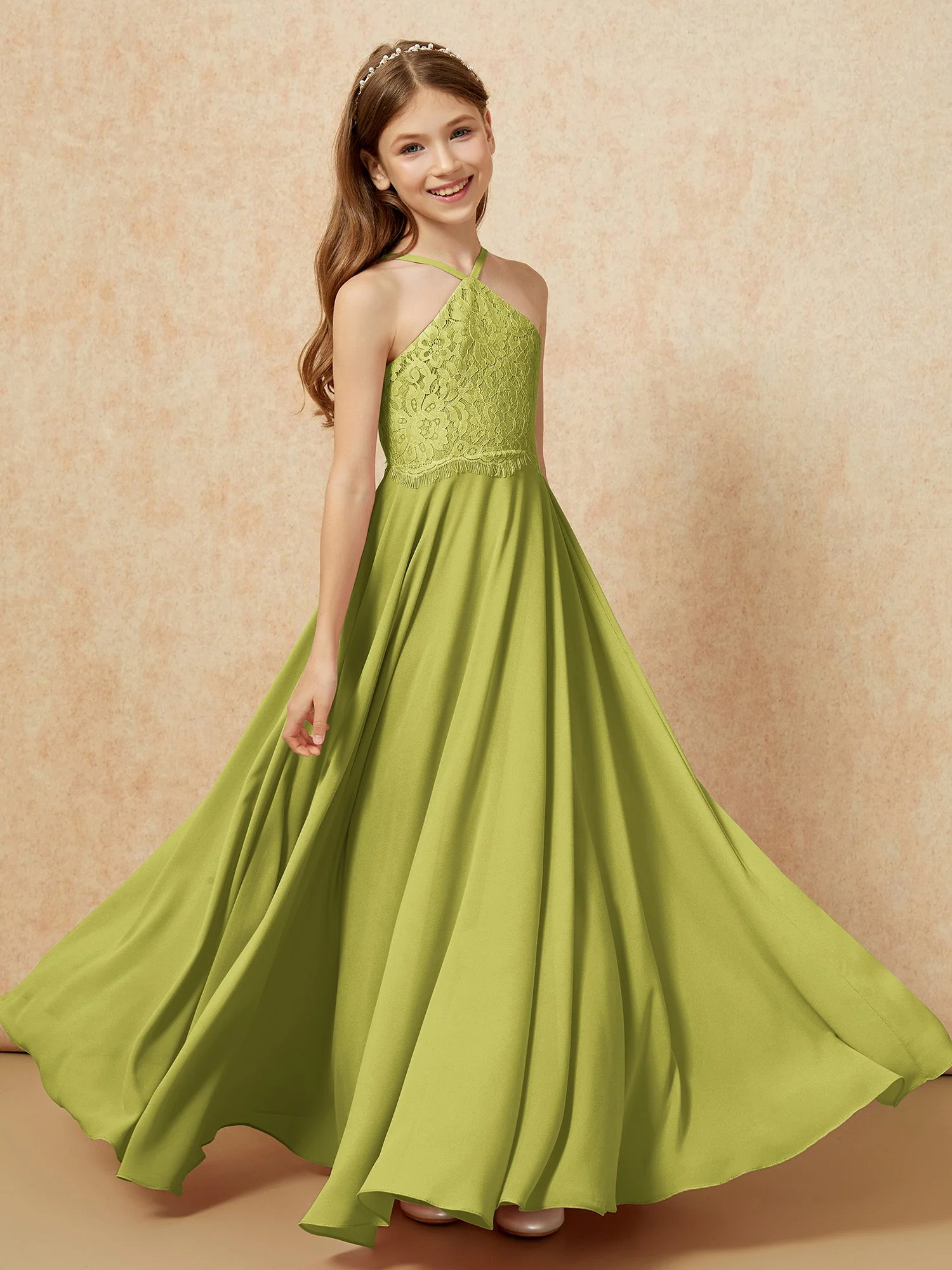 Halshalter Spitzen Oberteil Lang Chiffon Junge Brautjungfernkleider Kleegrün - Image 4