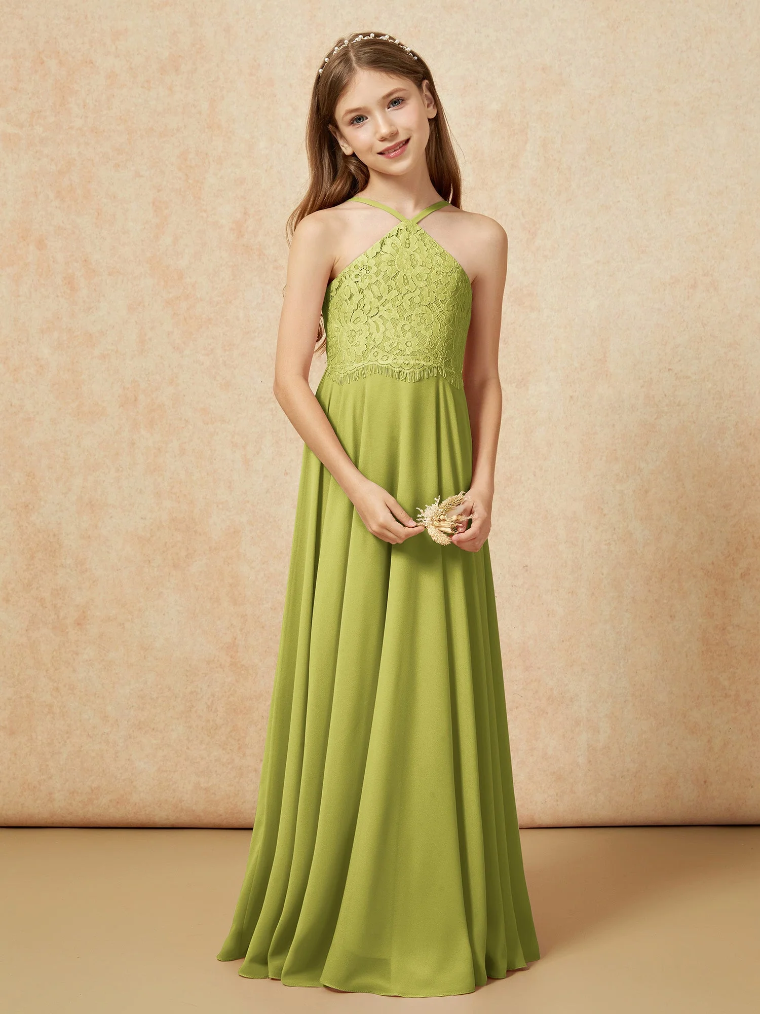 Halshalter Spitzen Oberteil Lang Chiffon Junge Brautjungfernkleider Kleegrün - Image 5
