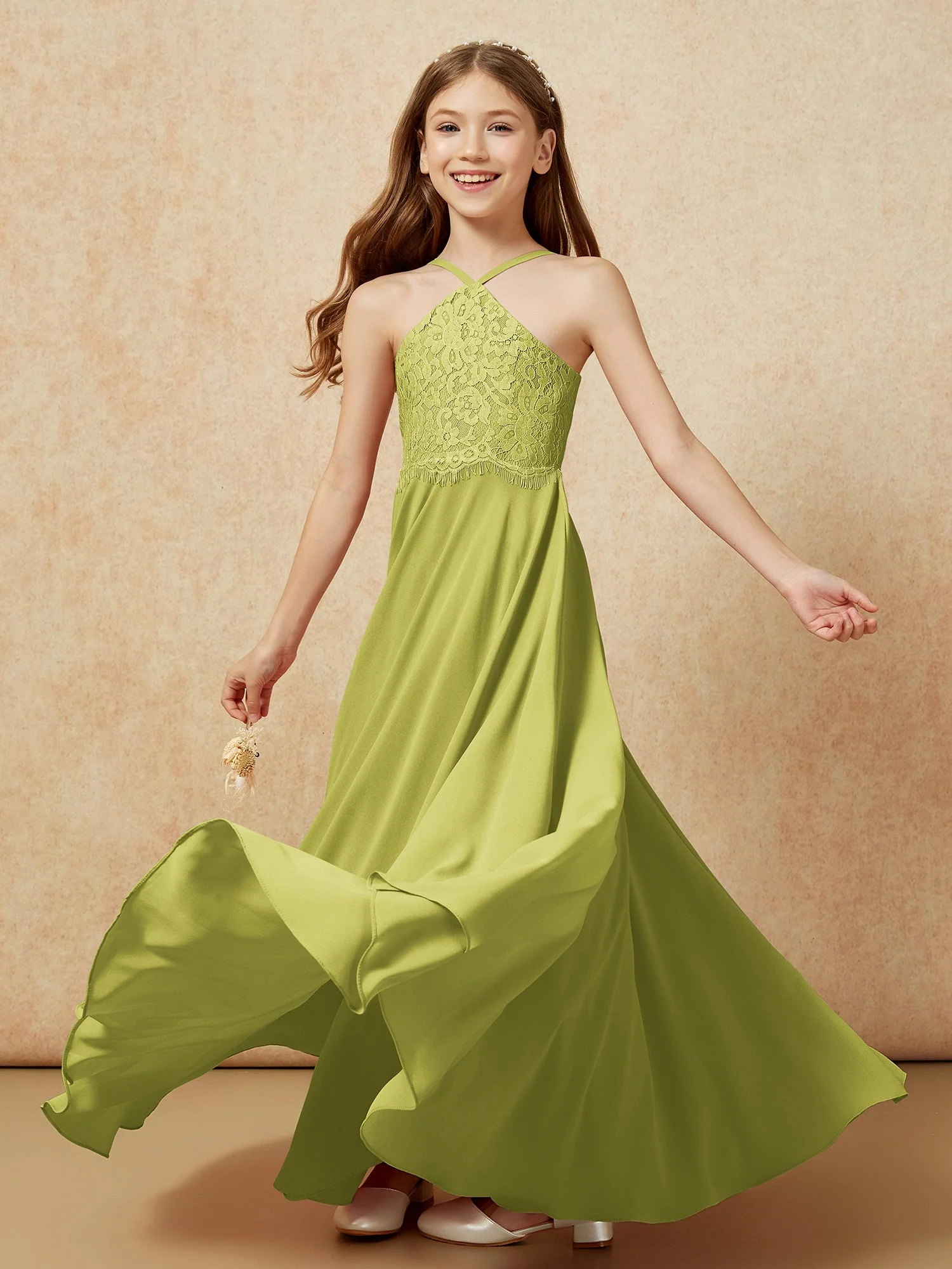 Halshalter Spitzen Oberteil Lang Chiffon Junge Brautjungfernkleider Kleegrün - Image 6