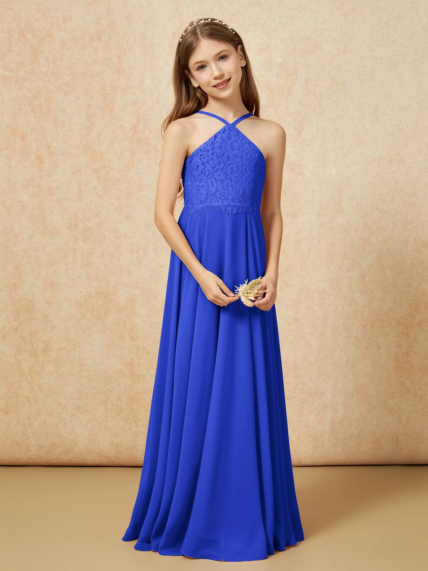 Halshalter Spitzen Oberteil Lang Chiffon Junge Brautjungfernkleider Königsblau - Image 5