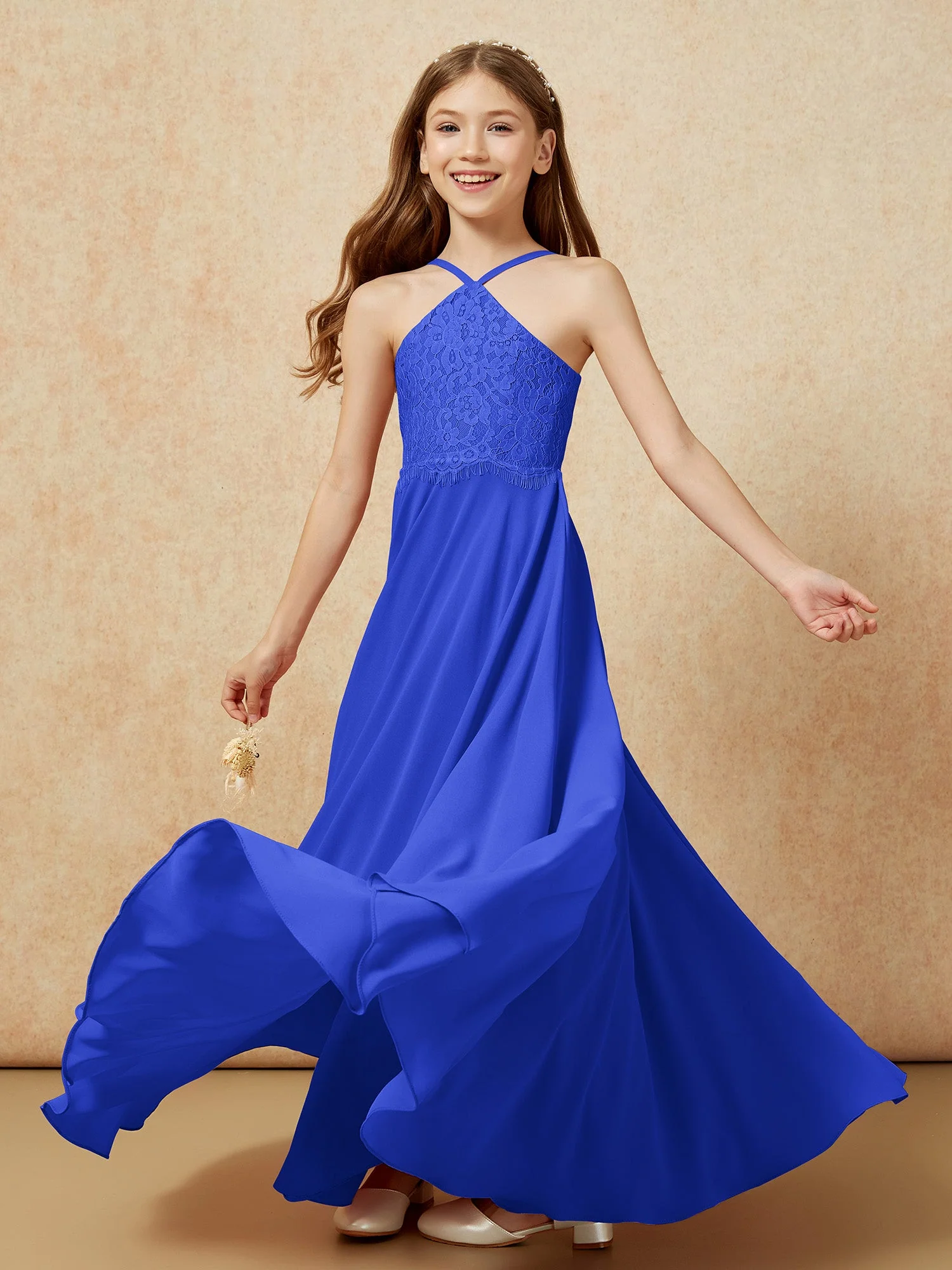 Halshalter Spitzen Oberteil Lang Chiffon Junge Brautjungfernkleider Königsblau - Image 6