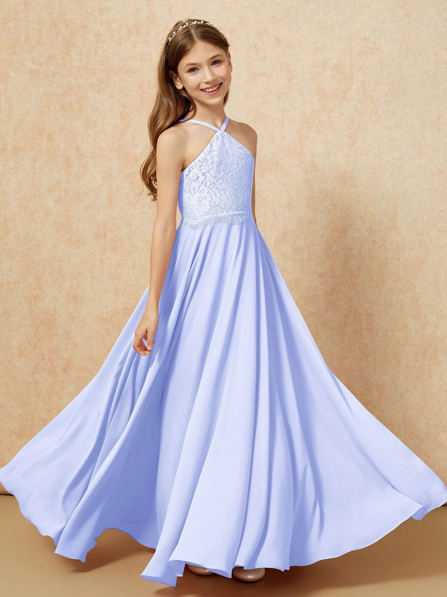 Halshalter Spitzen Oberteil Lang Chiffon Junge Brautjungfernkleider Lavendel - Image 4