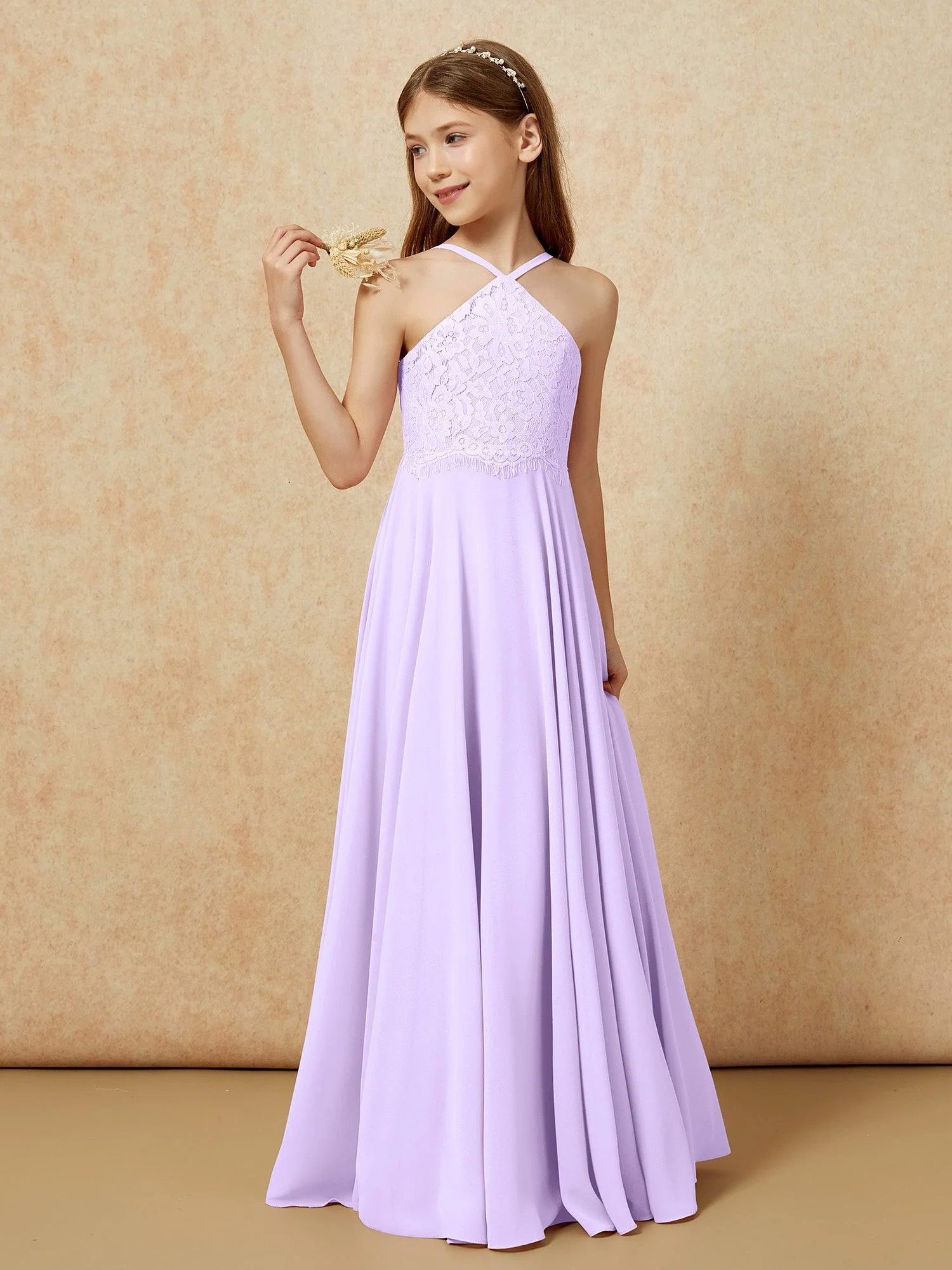 Halshalter Spitzen Oberteil Lang Chiffon Junge Brautjungfernkleider Lila - Image 3