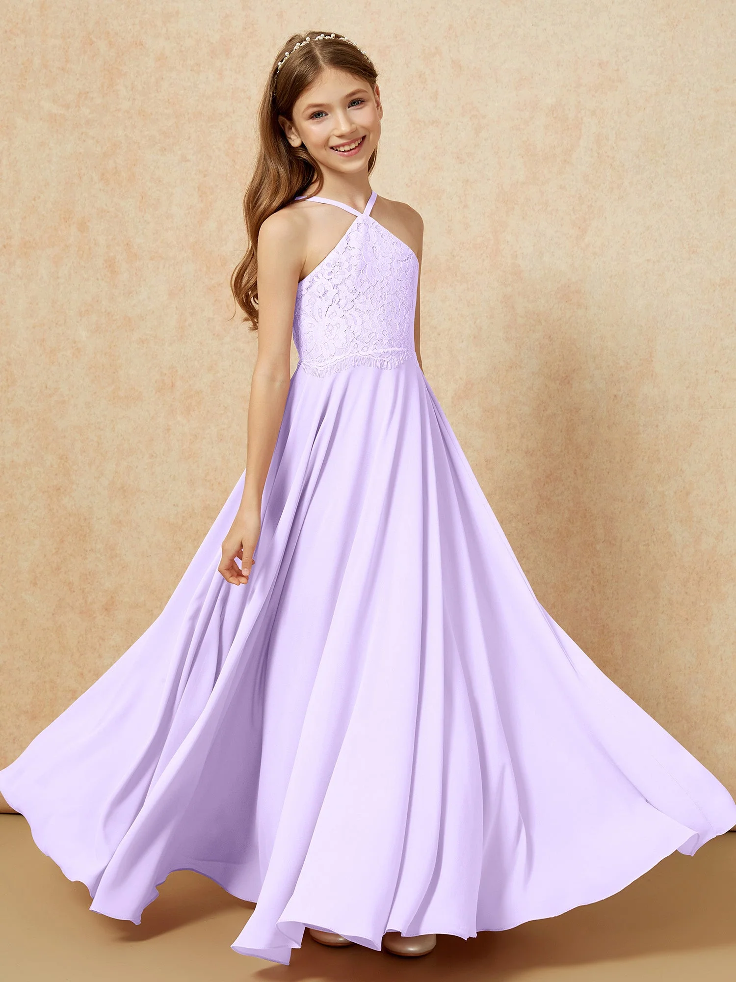 Halshalter Spitzen Oberteil Lang Chiffon Junge Brautjungfernkleider Lila - Image 4