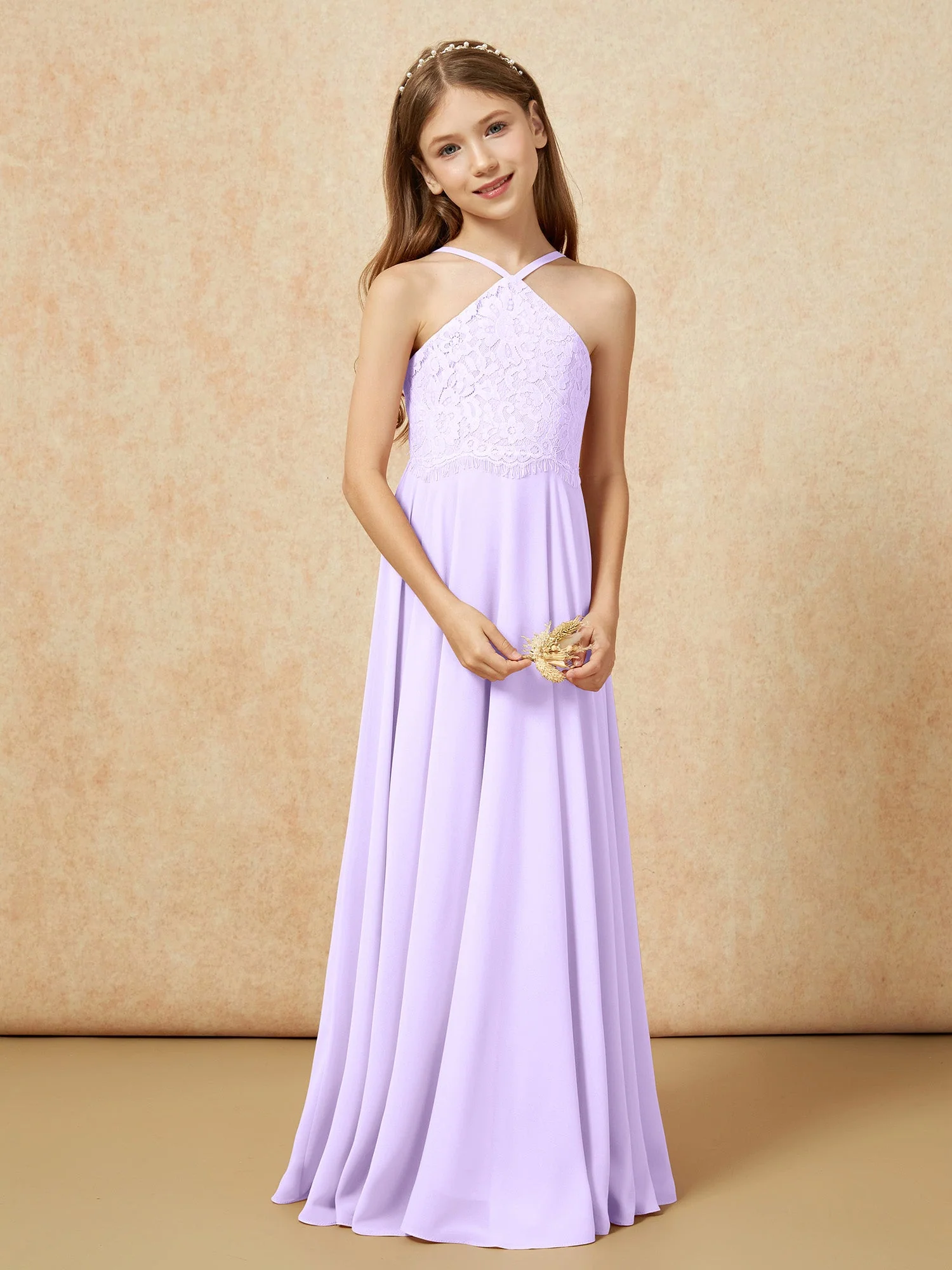 Halshalter Spitzen Oberteil Lang Chiffon Junge Brautjungfernkleider Lila - Image 5