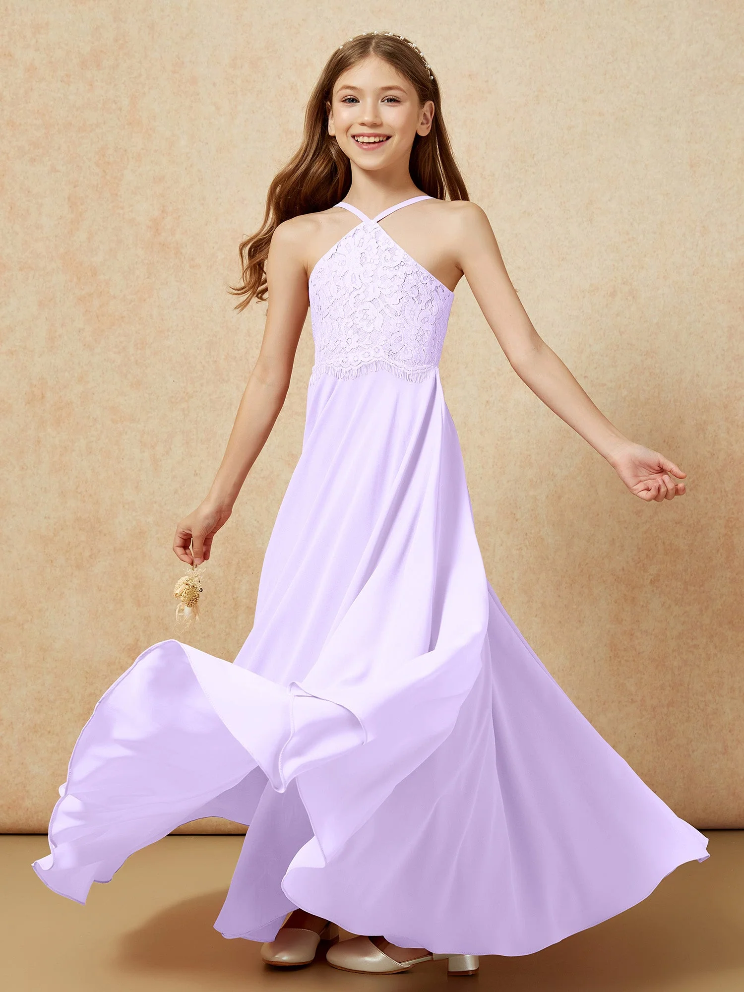 Halshalter Spitzen Oberteil Lang Chiffon Junge Brautjungfernkleider Lila - Image 6