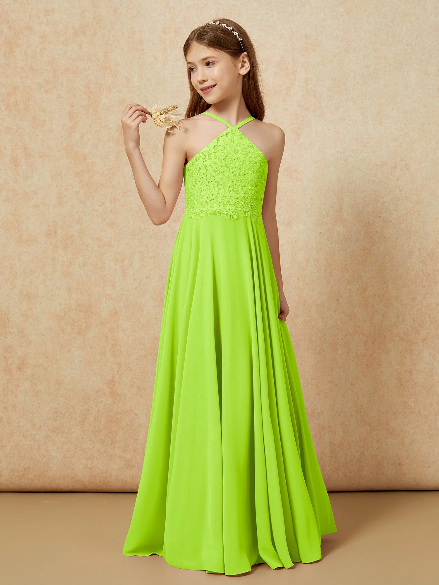 Halshalter Spitzen Oberteil Lang Chiffon Junge Brautjungfernkleider Lindgrün - Image 3