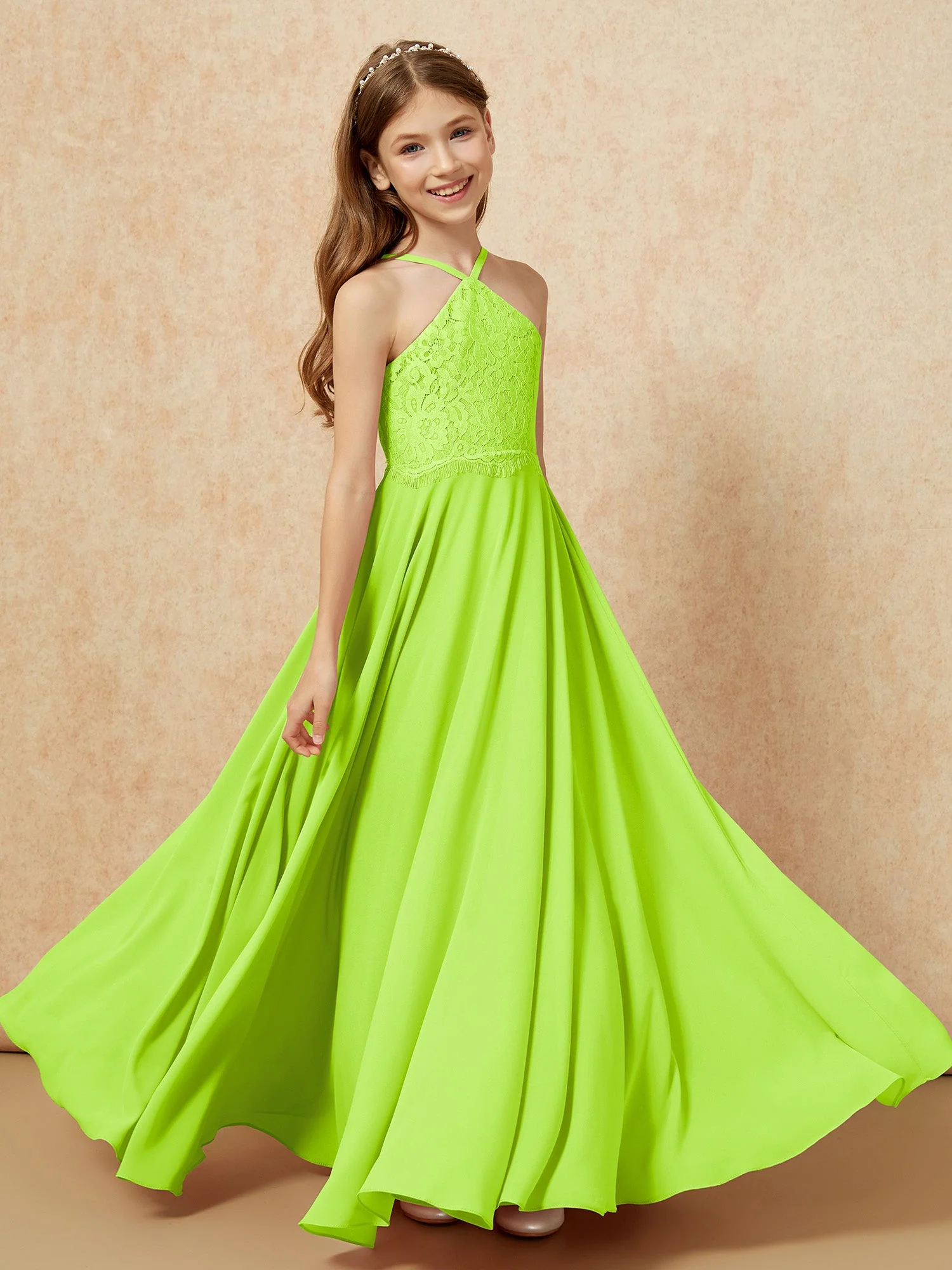 Halshalter Spitzen Oberteil Lang Chiffon Junge Brautjungfernkleider Lindgrün - Image 4