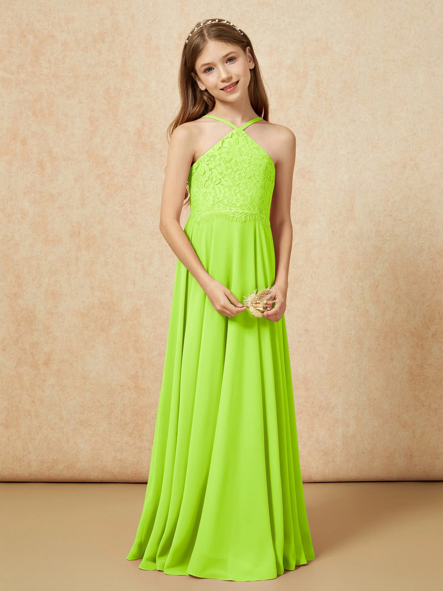 Halshalter Spitzen Oberteil Lang Chiffon Junge Brautjungfernkleider Lindgrün - Image 5